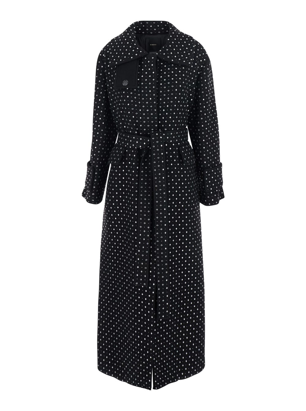Pinko Paquita Black Rhinestoned Coat With Belt In Wool Blend Woman In Black