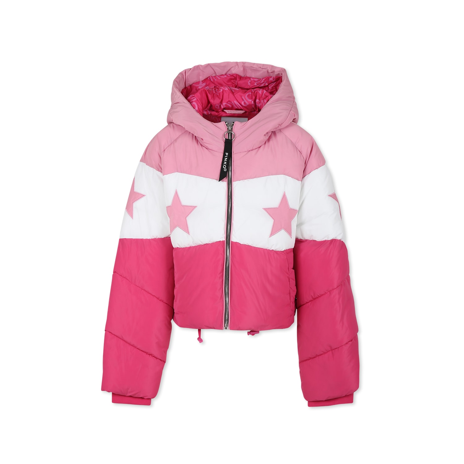 Pinko Pink Crop Down Jacket For Girl With Logo In Multicolor