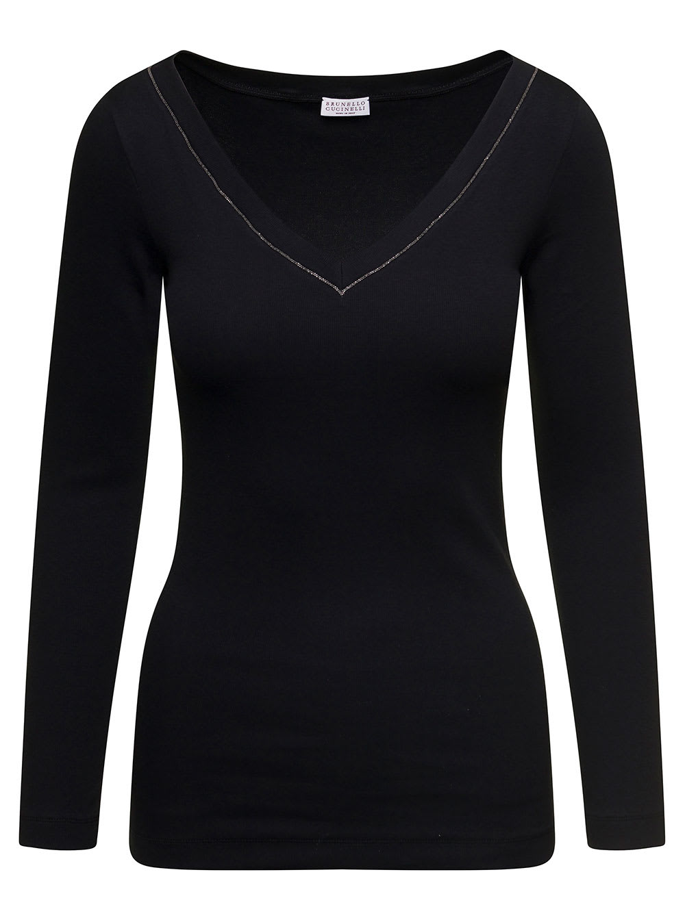 Shop Brunello Cucinelli Black V-neck Pullover With Beads Detailing In Stretch Cotton Woman