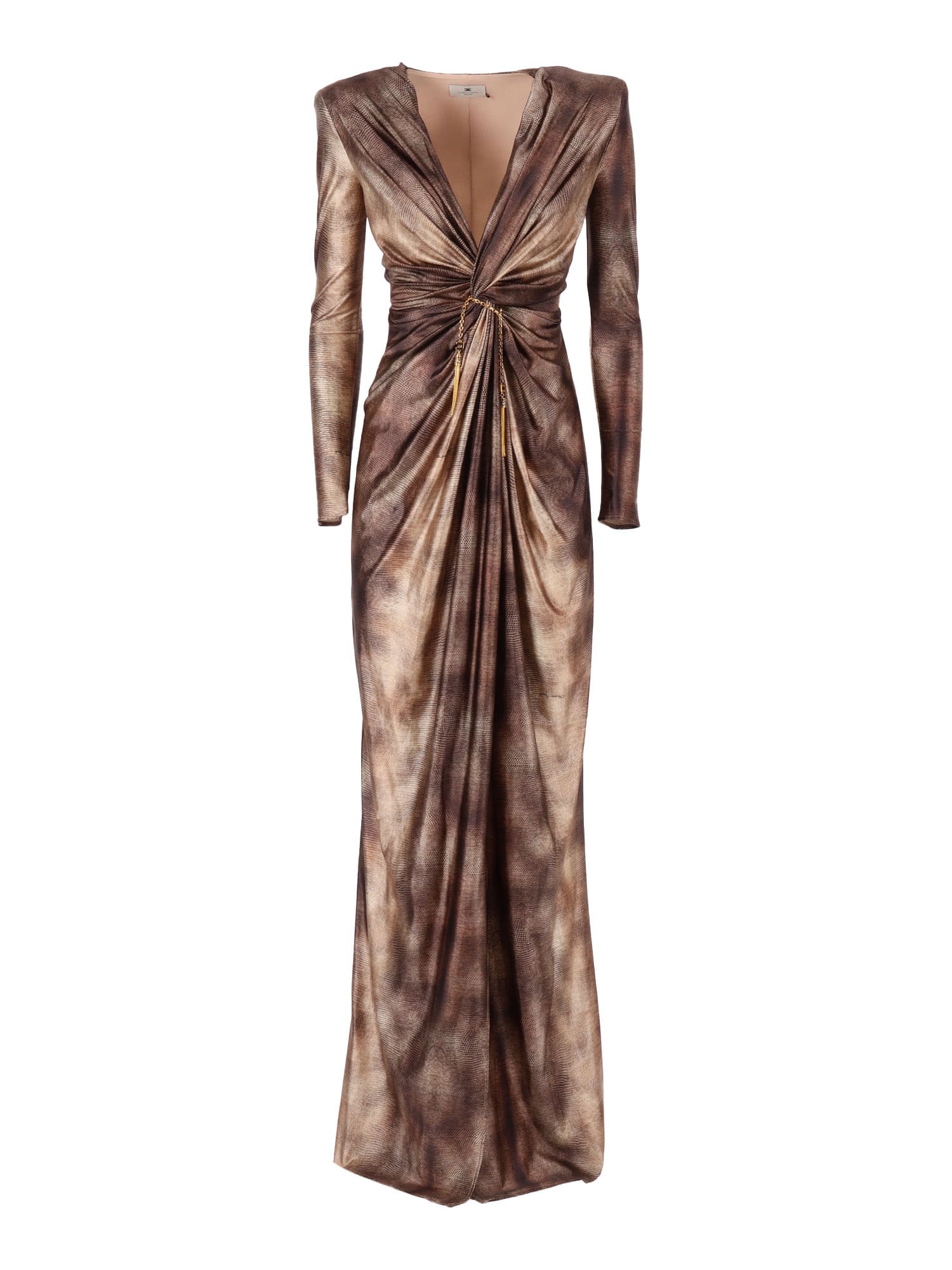 Elisabetta Franchi Emerald Python Print Deep V-neck Evening Dress In Brown