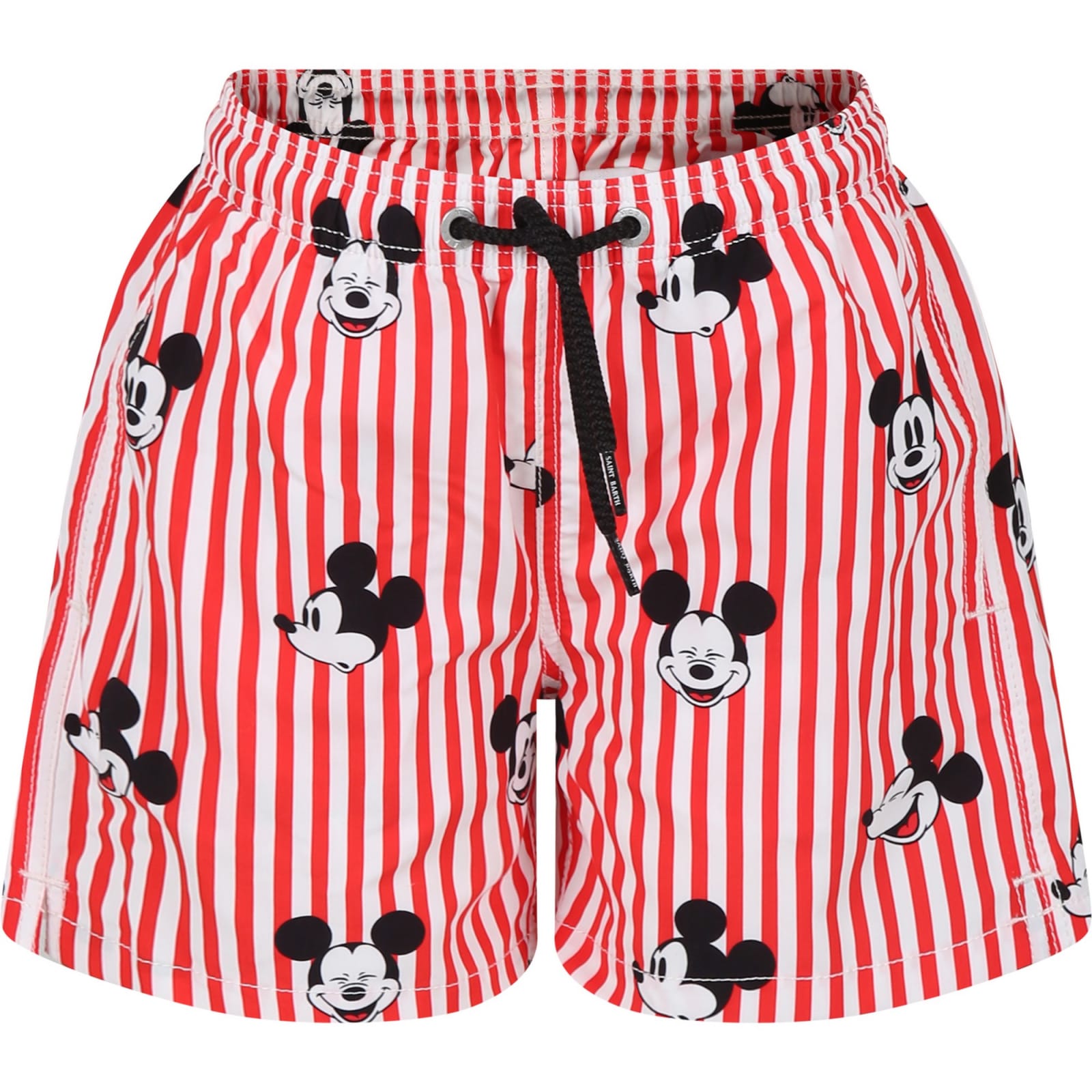 Mc2 Saint Barth Kids' Red Swim Shorts For Boy With Mickey Mouse Print And Logo