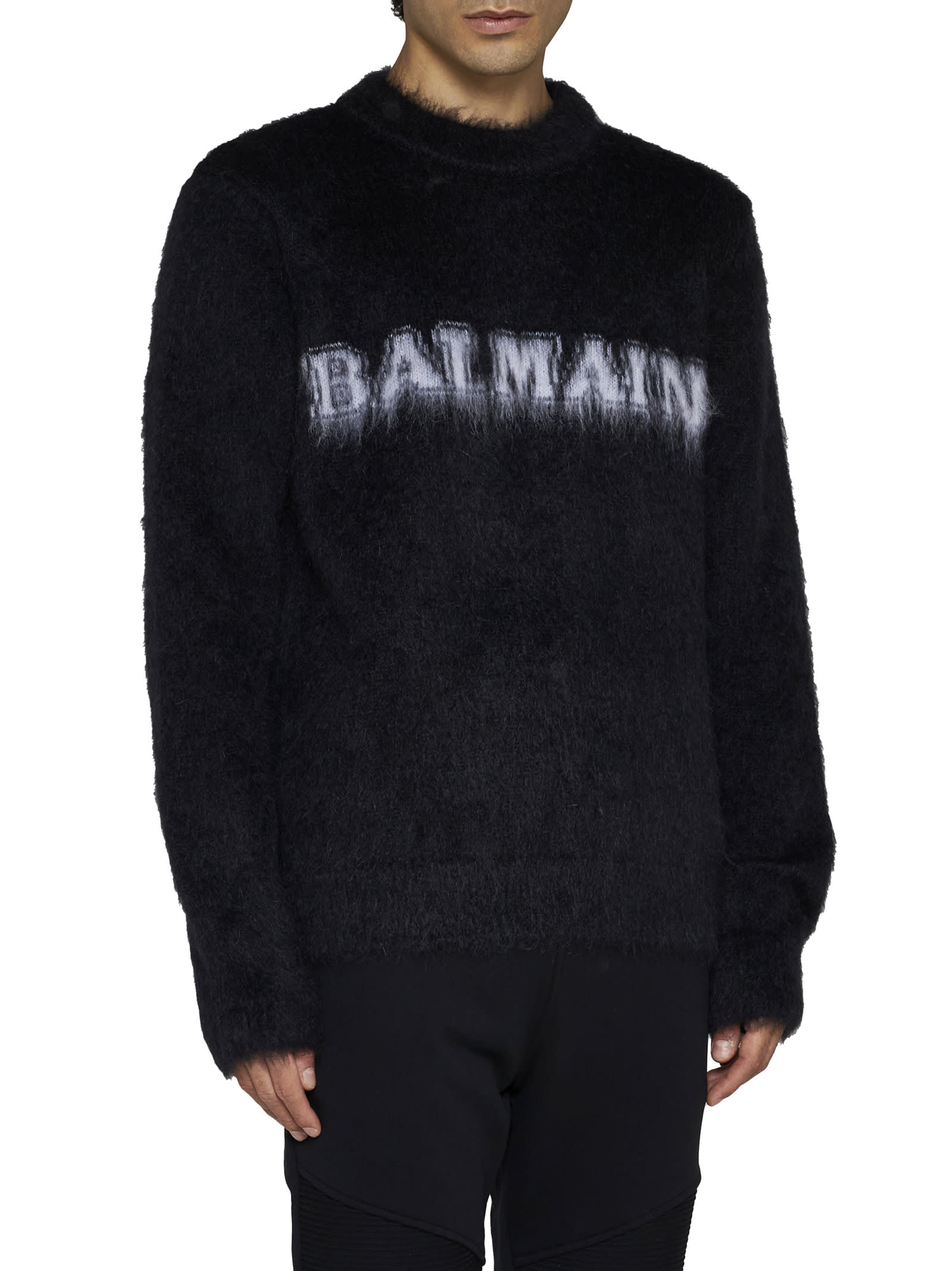 Balmain Black Crewneck Sweater With Maxi Logo Lettering On The Front And Brushed Effect In Wool Blen In Eab Noir Blanc