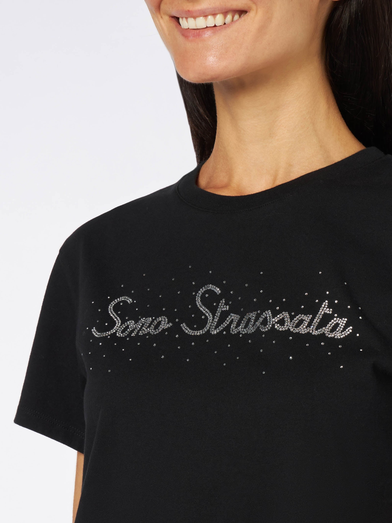 Mc2 Saint Barth Woman Heavy Cotton T-shirt With Sono Strassata Rhinestones Print In Black