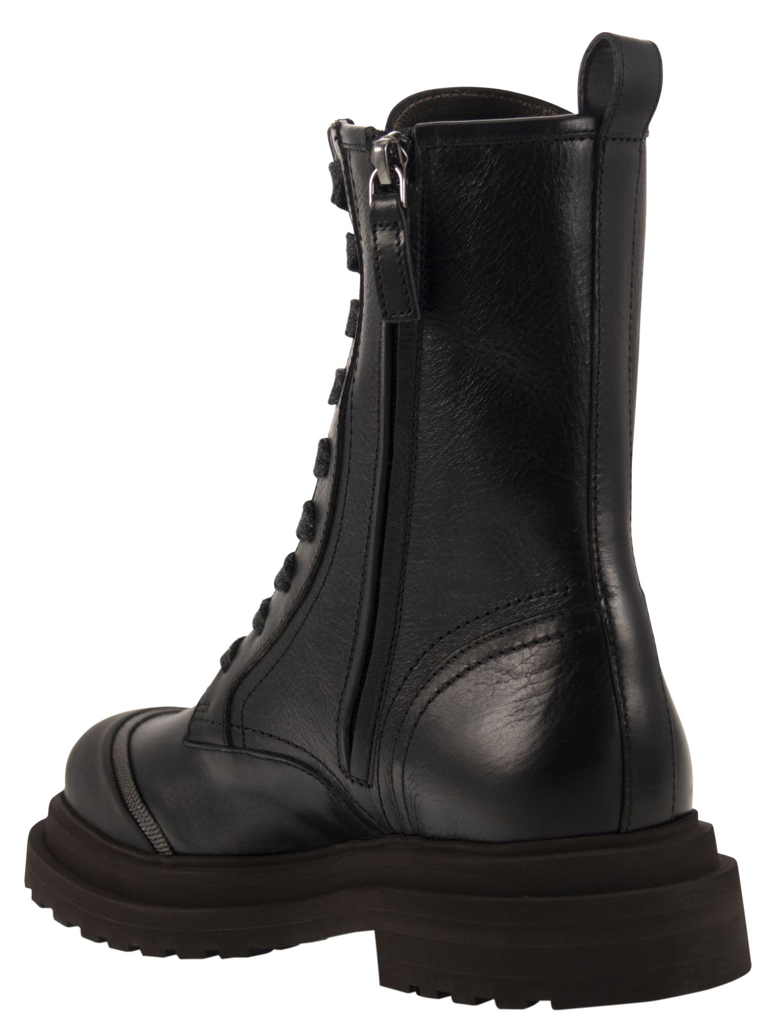 Shop Brunello Cucinelli Leather Boot With Precious Contour In Black