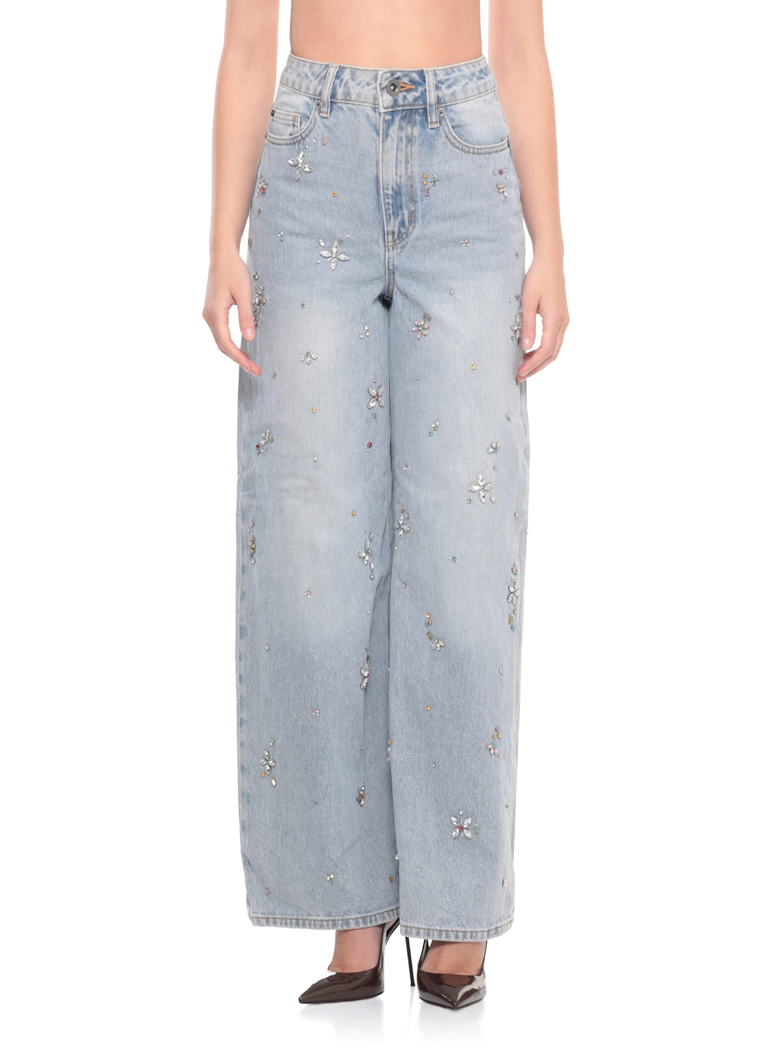 Self-portrait Wide-leg Jeans Featuring Strass Embellishments In Blue