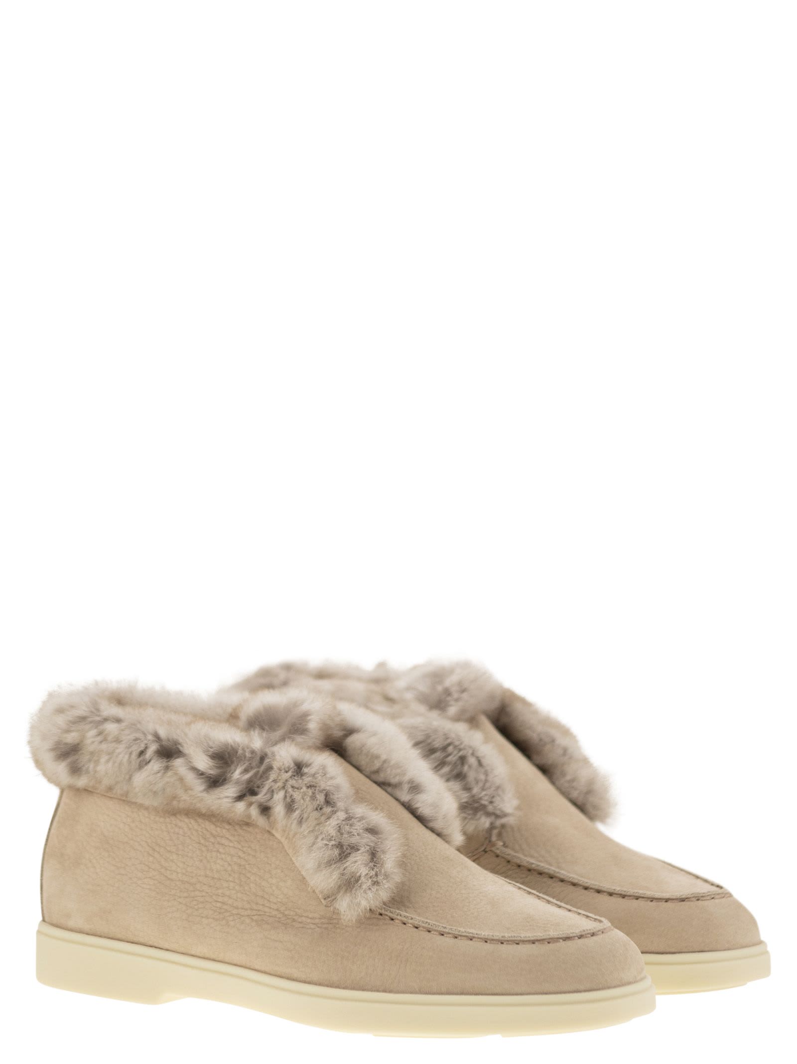 Shop Santoni Desert Boot In Nubuck With Fur In Beige