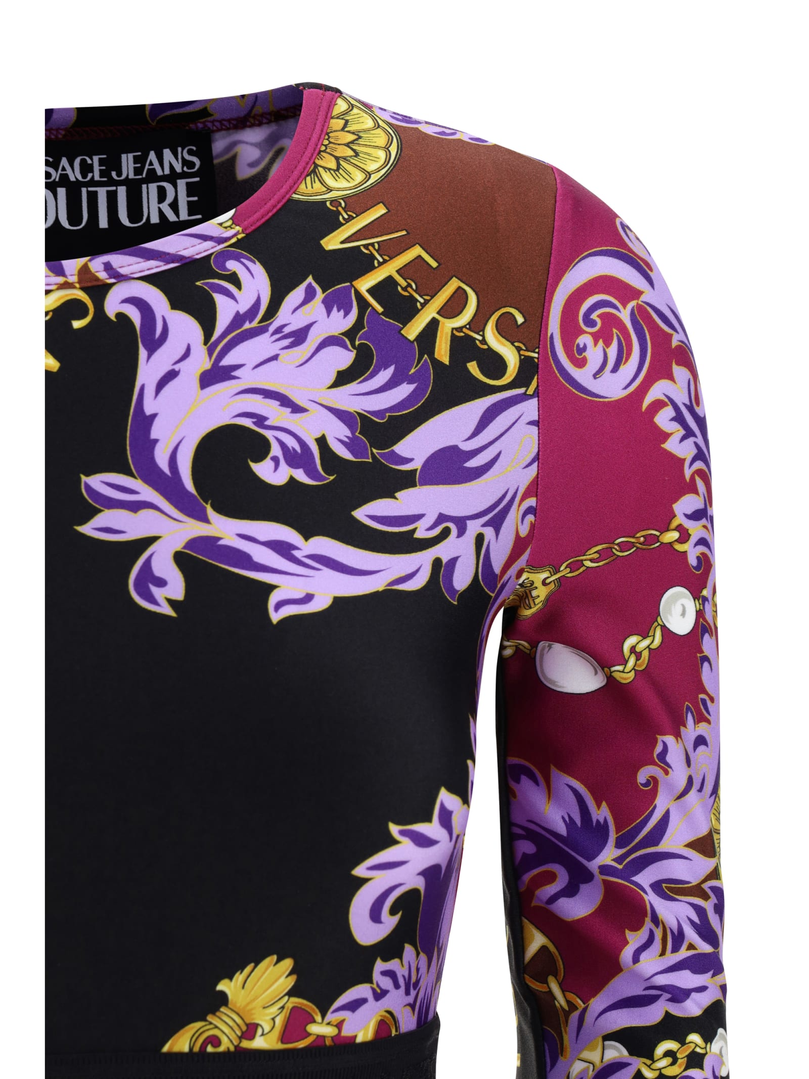 Versace Jeans Couture Chain Couture Long-sleeve Crop Top In Plum/crimson