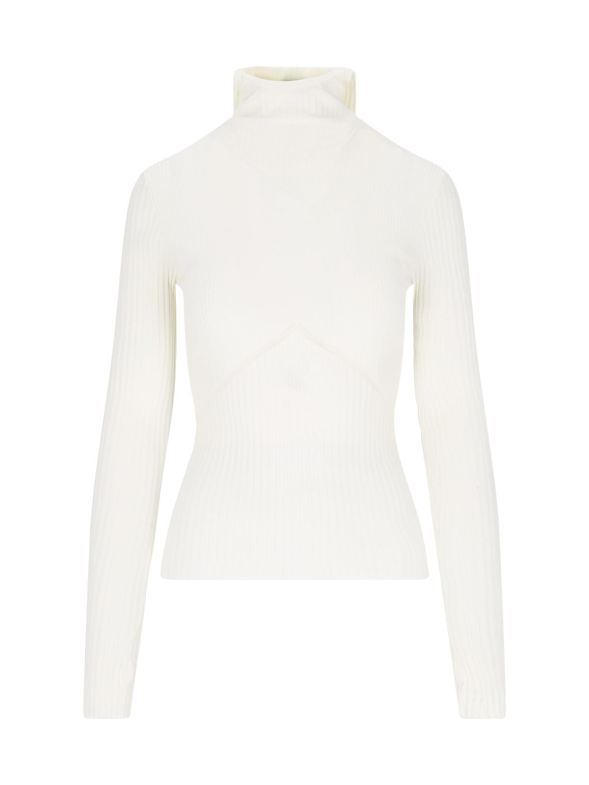 Shop Andreädamo Ribbed Knit Hoodie Sweater In Ivory