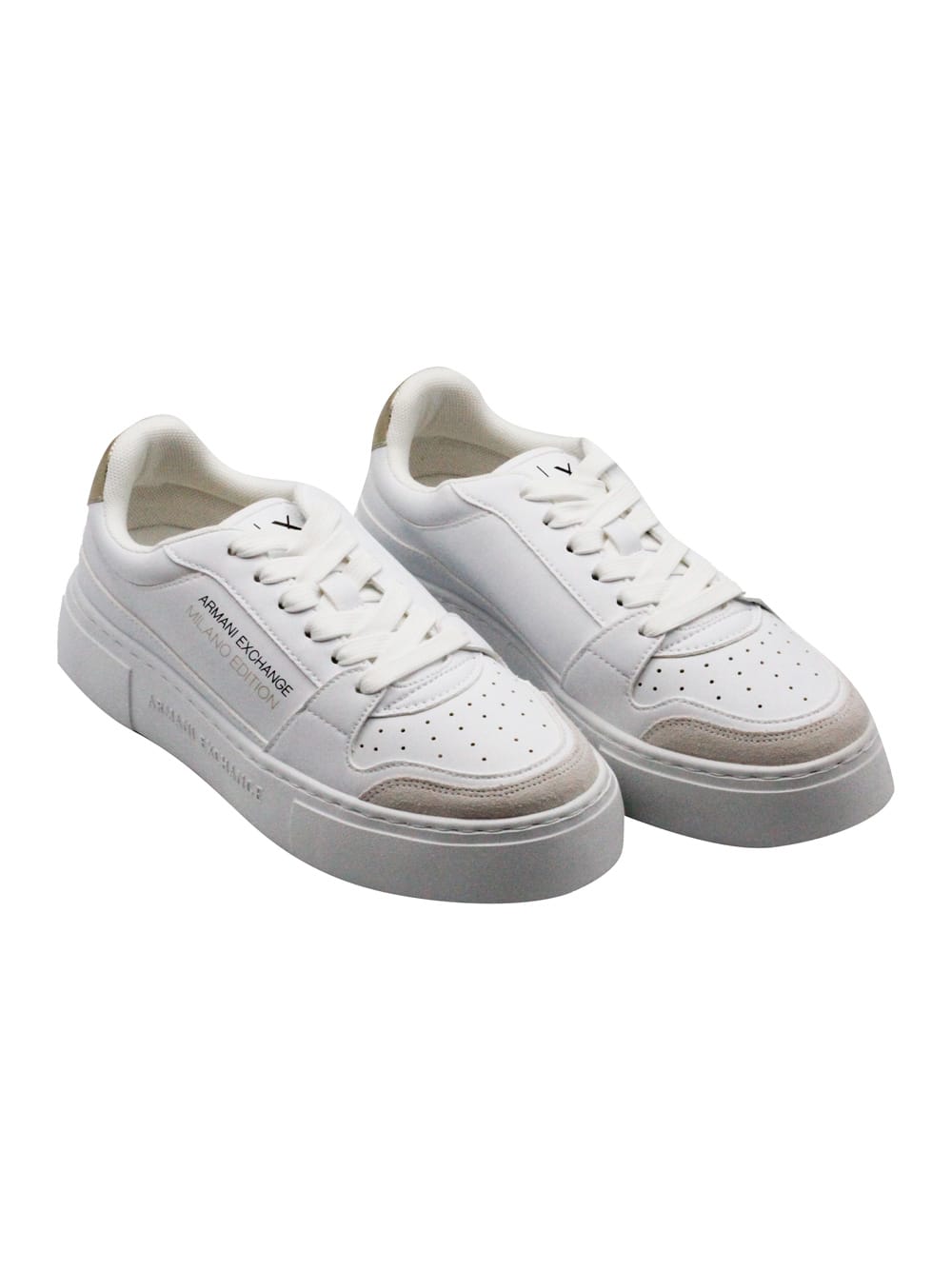 Shop Armani Collezioni Leather Sneakers With Matching Box Sole And Lace Closure. Small Golden Rear Logo And Side Writing In White