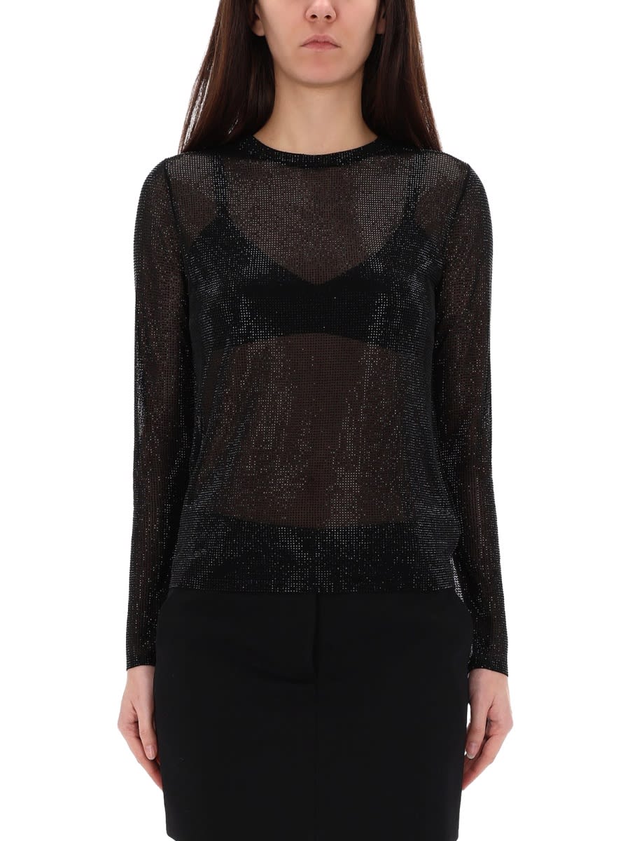 Michael Kors Embellished Mesh Long-sleeve Top In Black