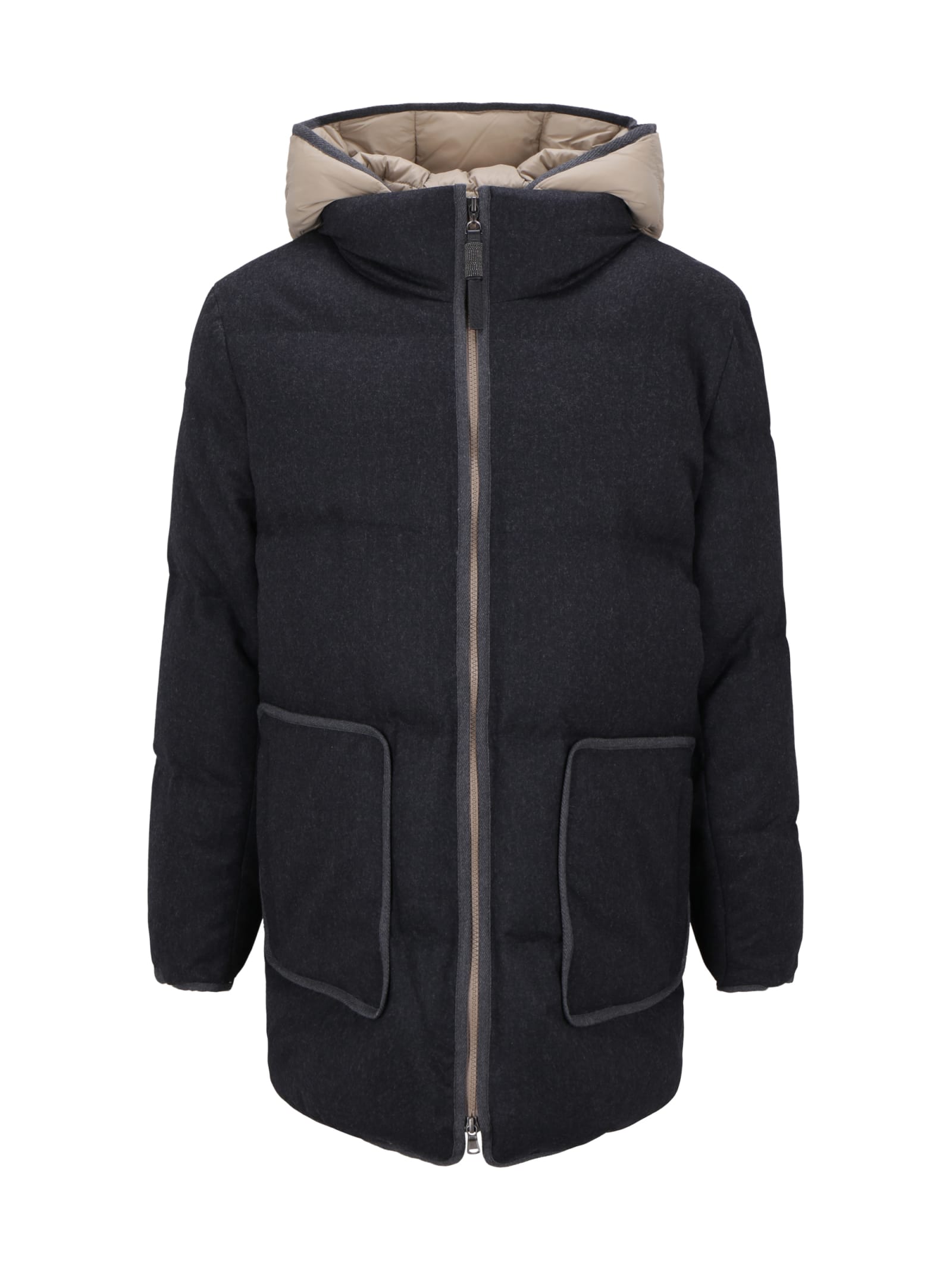 Long Down Jacket In Soft Wool Padded With Real Goose Down With Detachable Front With Hood.