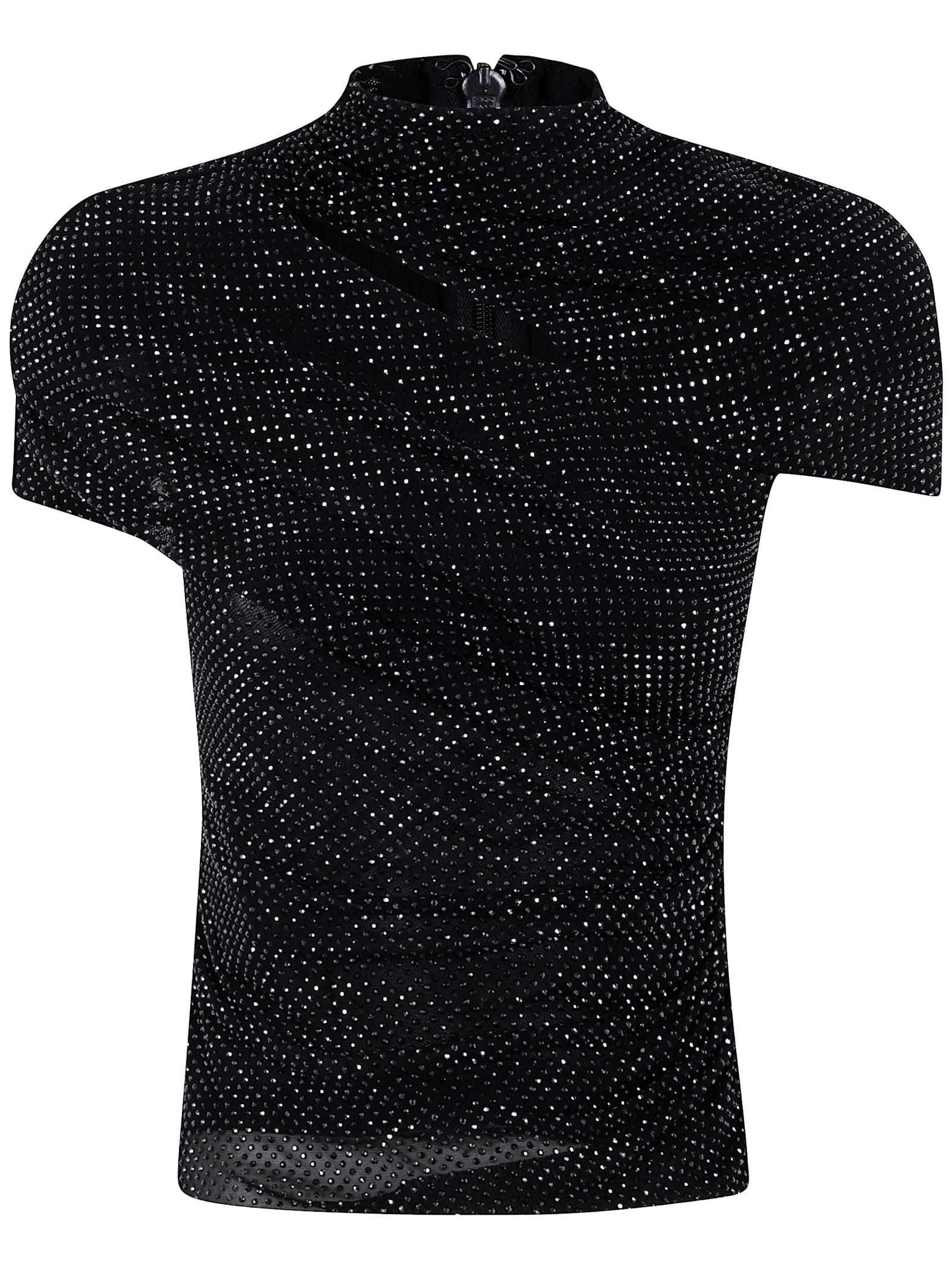 Black Rhinestone Mesh Cut Out Top