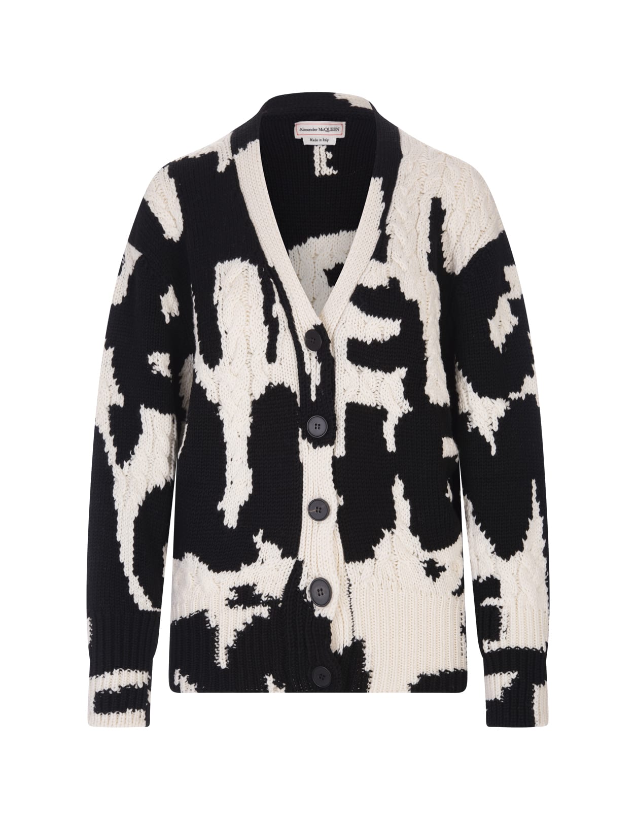 Alexander McQueen Woman Mcqueen Graffiti Inlaid Cardigan In Black And Ivory Wool