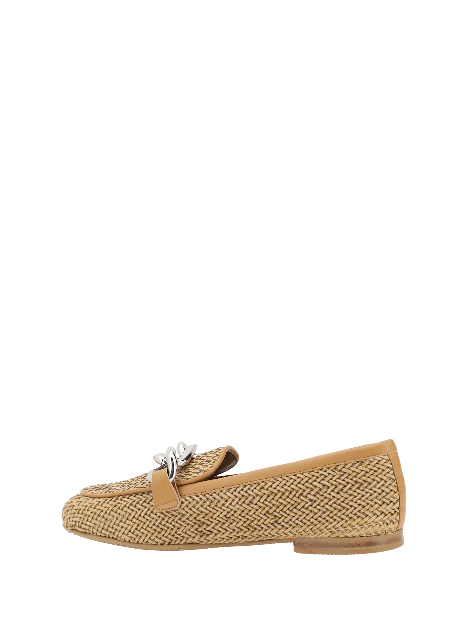 Casadei Woven Leather Loafers With Chain Detail In Naturale