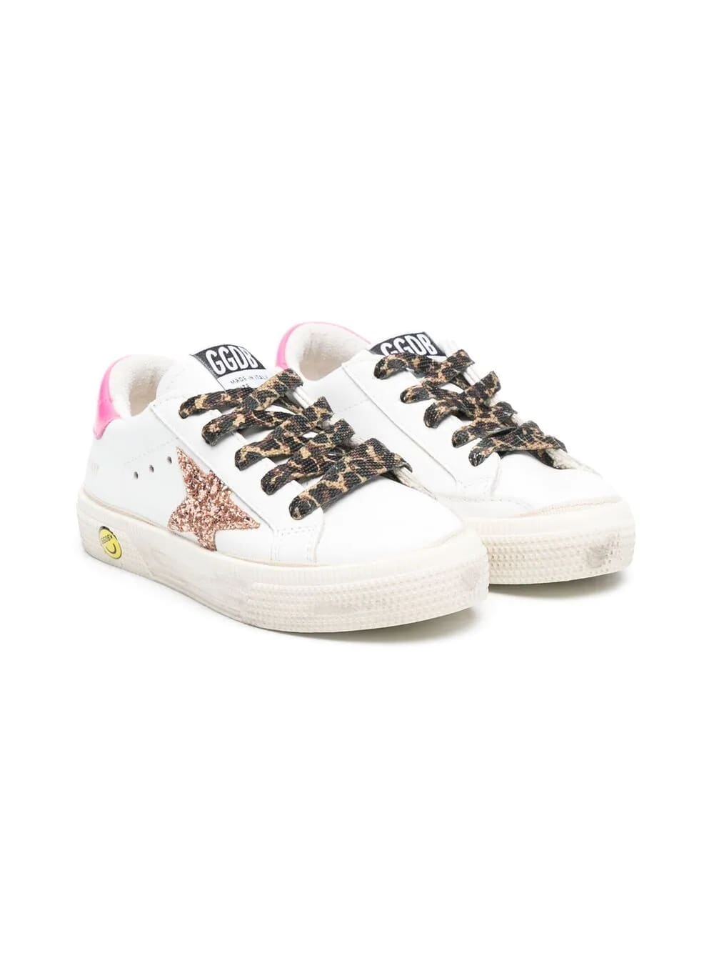 Golden Goose Kid White Super-star Sneakers With Pink Glitter Star And Leopard Laces
