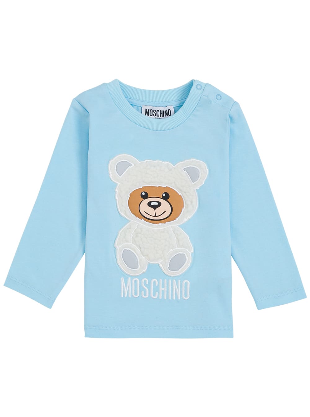 Moschino Long-sleeved T- Shirt In Light Blue Cotton With Teddy Bear