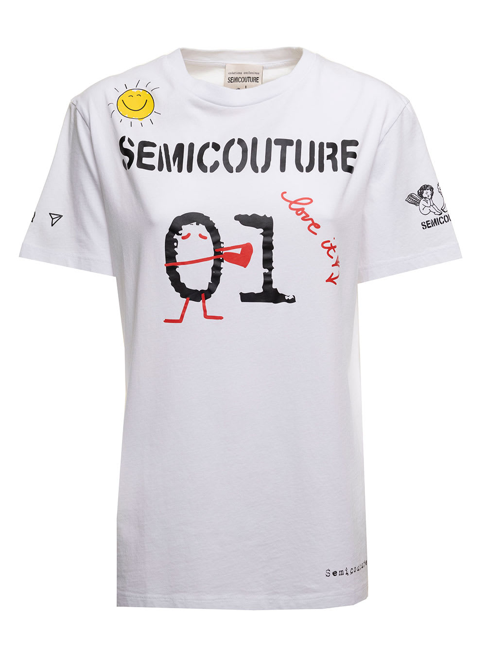 Semicouture Womans White Cotton T-shirt With Logo Print