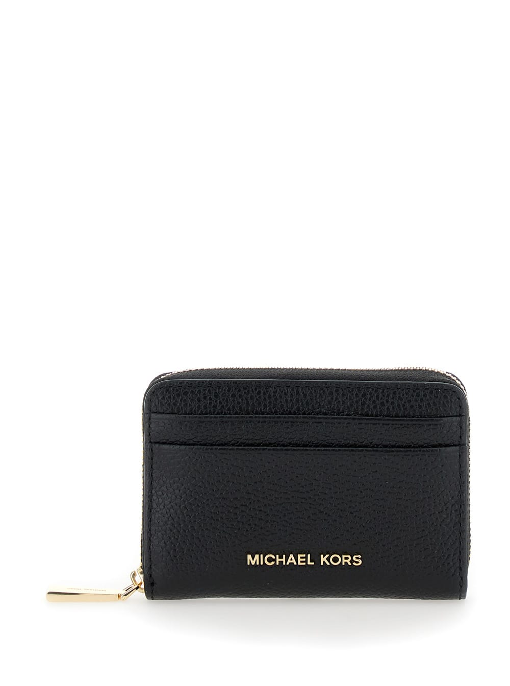 Michael Kors Black Card Holder With Logo Lettering In Hammered Leather Woman In Black