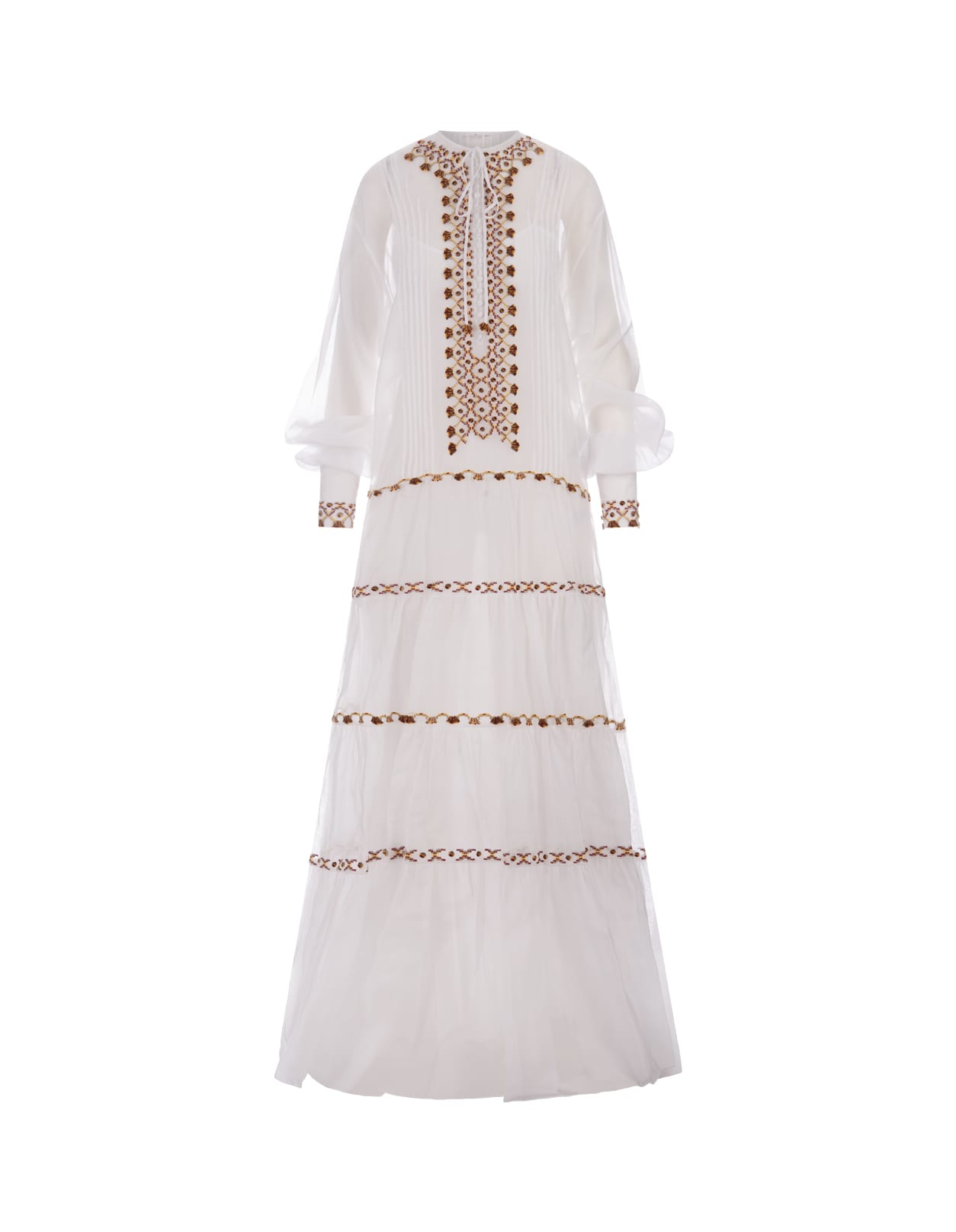 Ermanno Scervino White Muslin Long Dress With Ethnic Embroidery