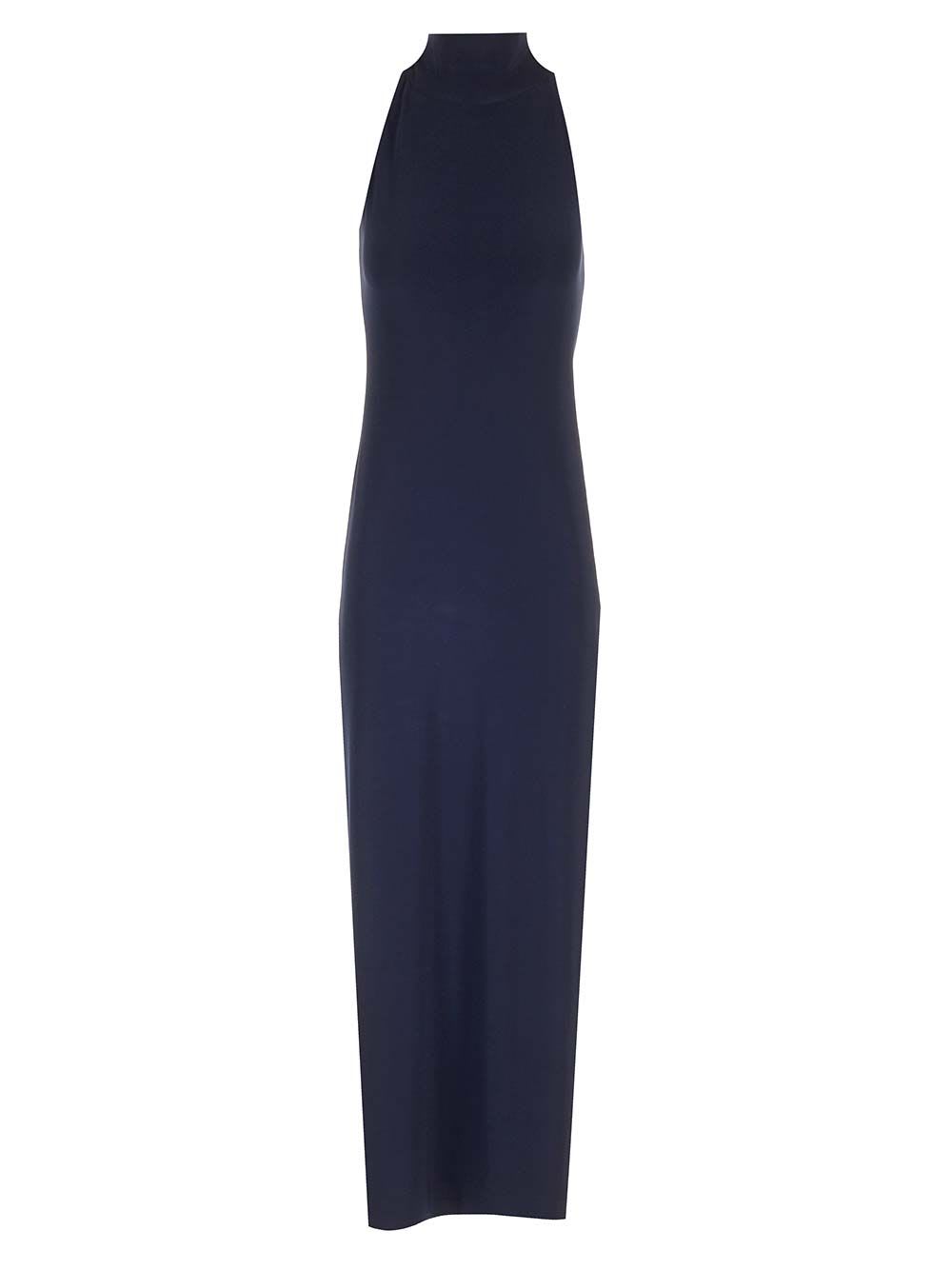 Shop Norma Kamali Halter Turtle Side Slit Gown In Blue