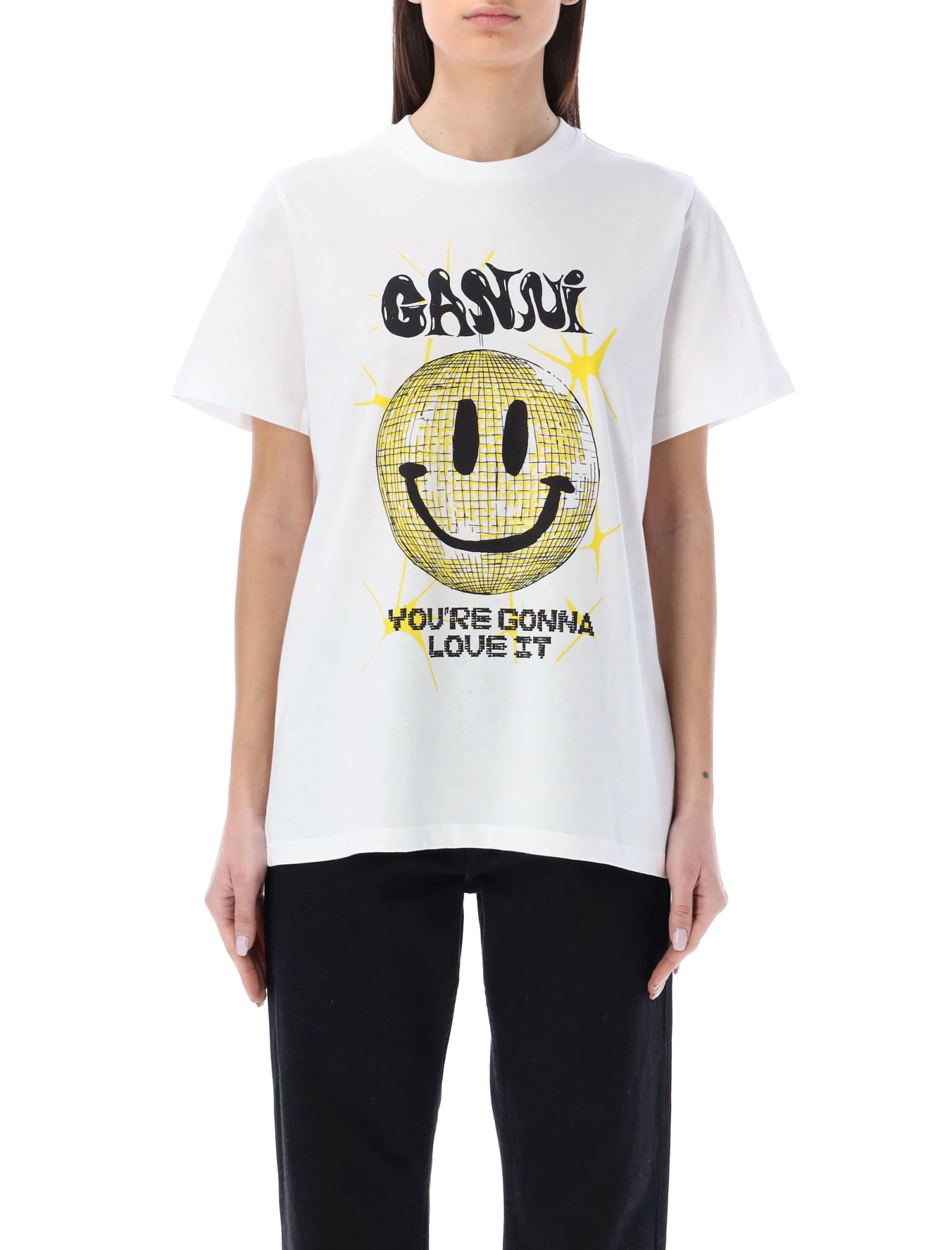 Ganni Crewneck Smiley Tee In White