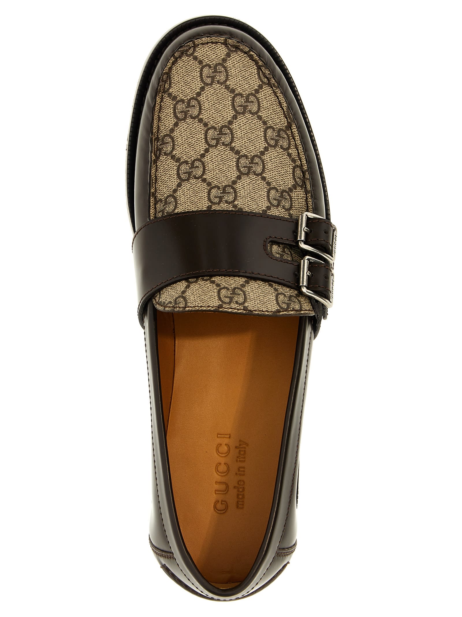 Shop Gucci Gg Buckle Loafers In Brown