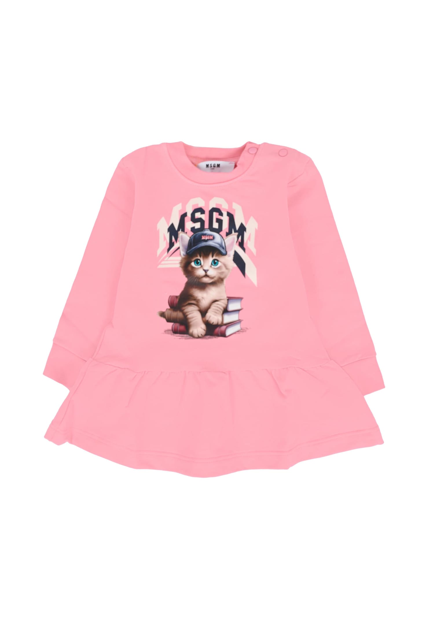 Msgm Pink Dress For Baby Girl With Logo And Cat In Pink