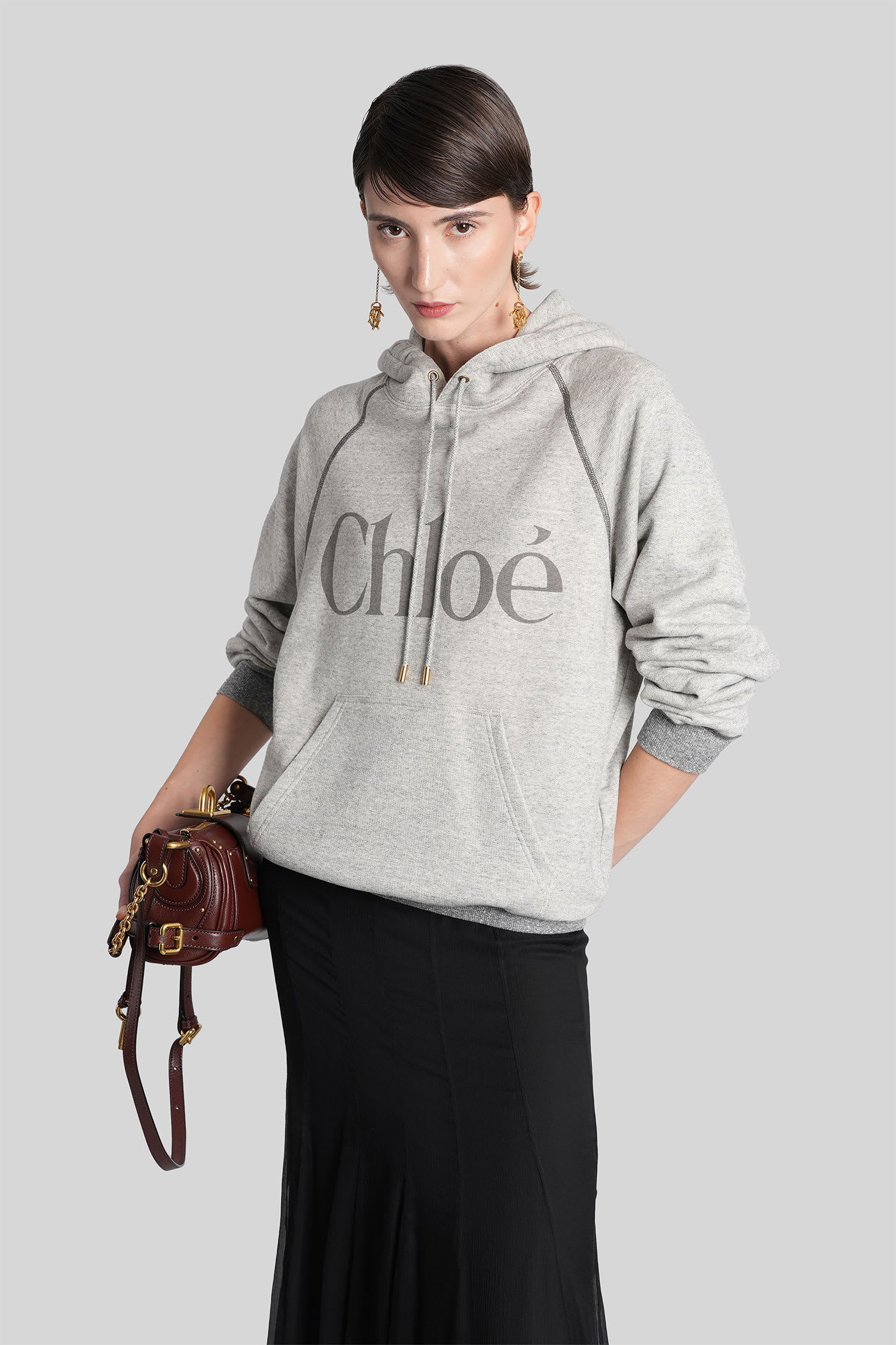 Chloé Cotton Blend Logo Hoodie In Gray