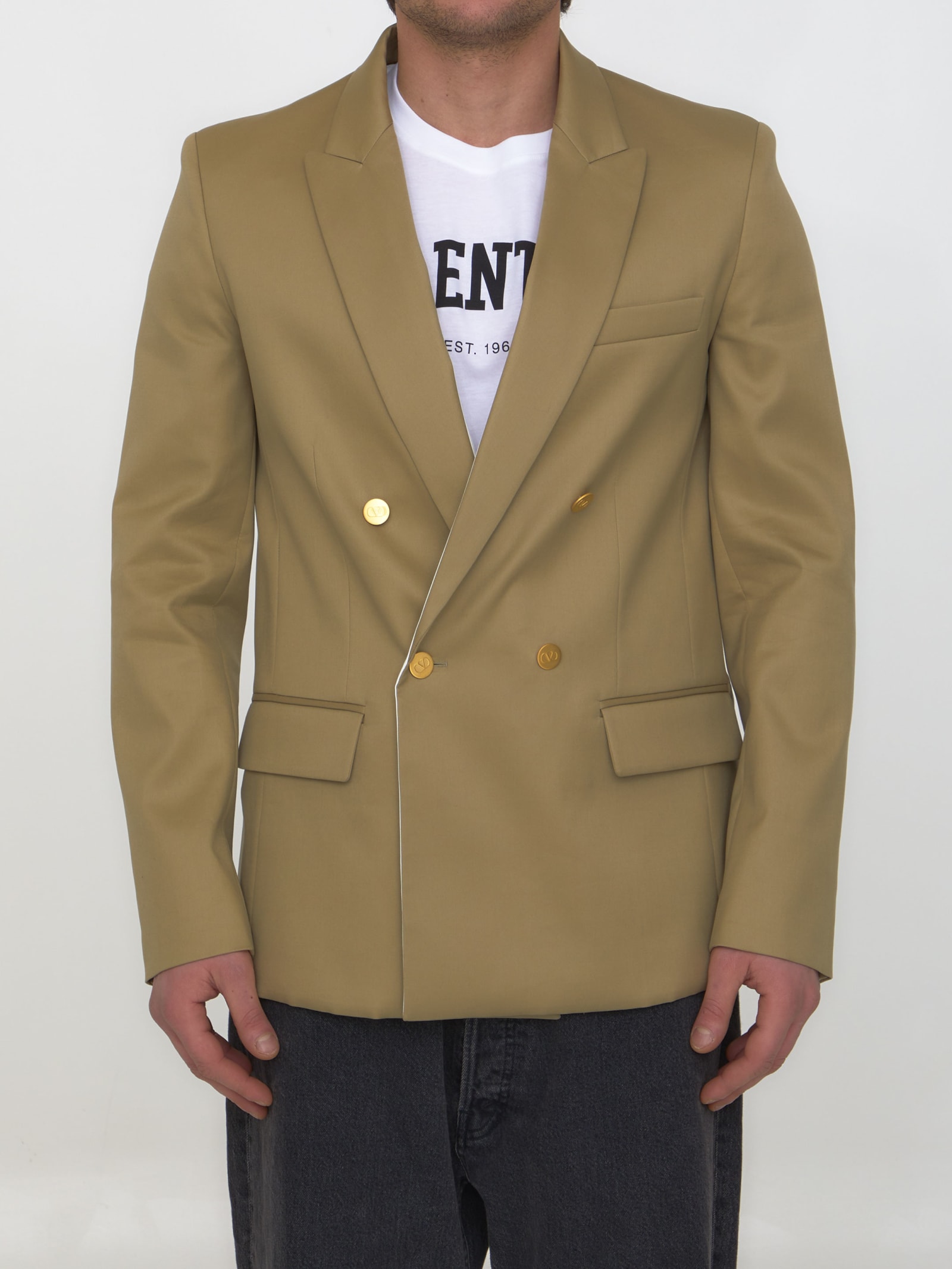 Shop Valentino Double-breasted Cotton Jacket In Neutrals