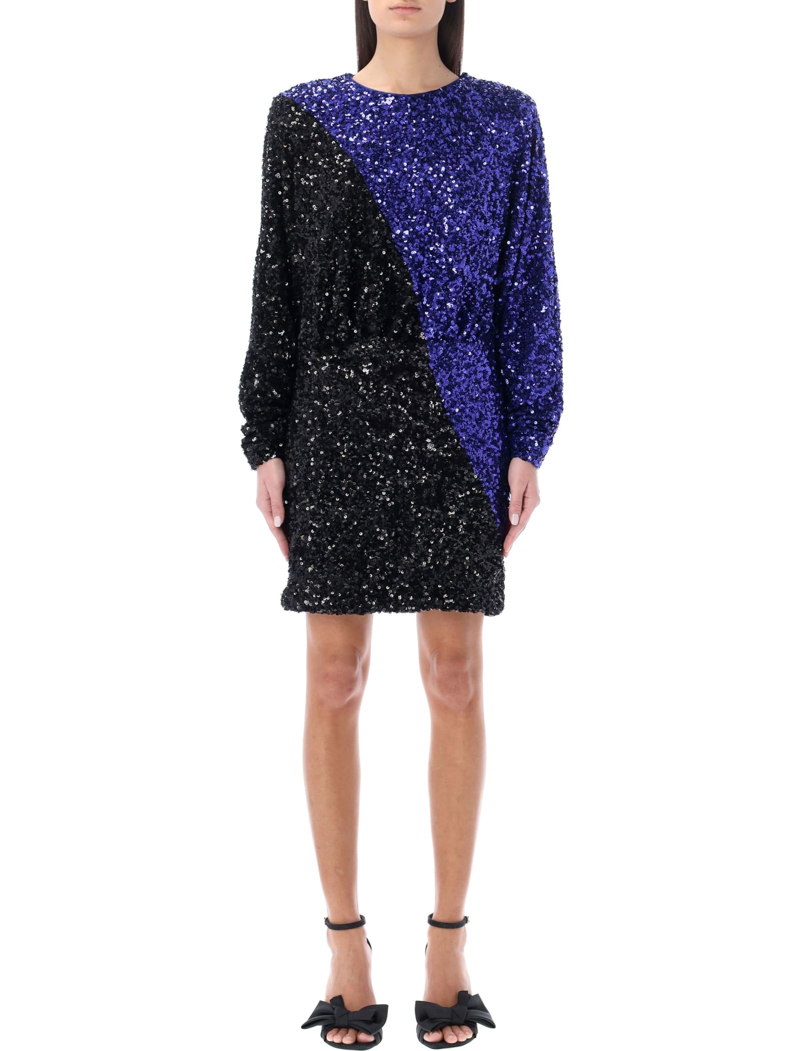 Rotate Birger Christensen Rotate Color Block Sequined Mini Dress With Long Sleeves In Blue Black