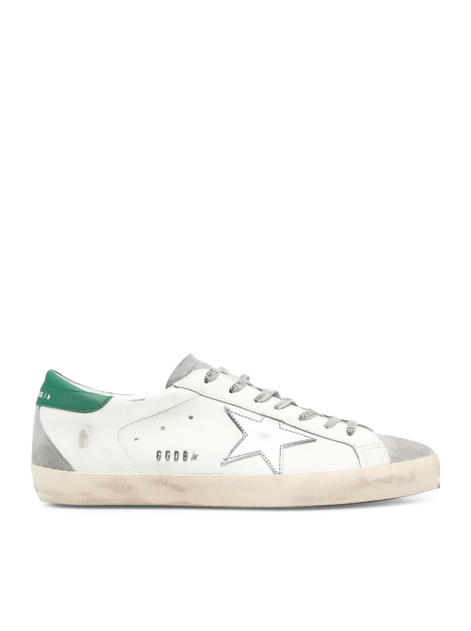 Shop Golden Goose Super-star Leather Upper And Heel Suede Toe And Spur Laminated Star Metal Lettering In White Grey Silver Green