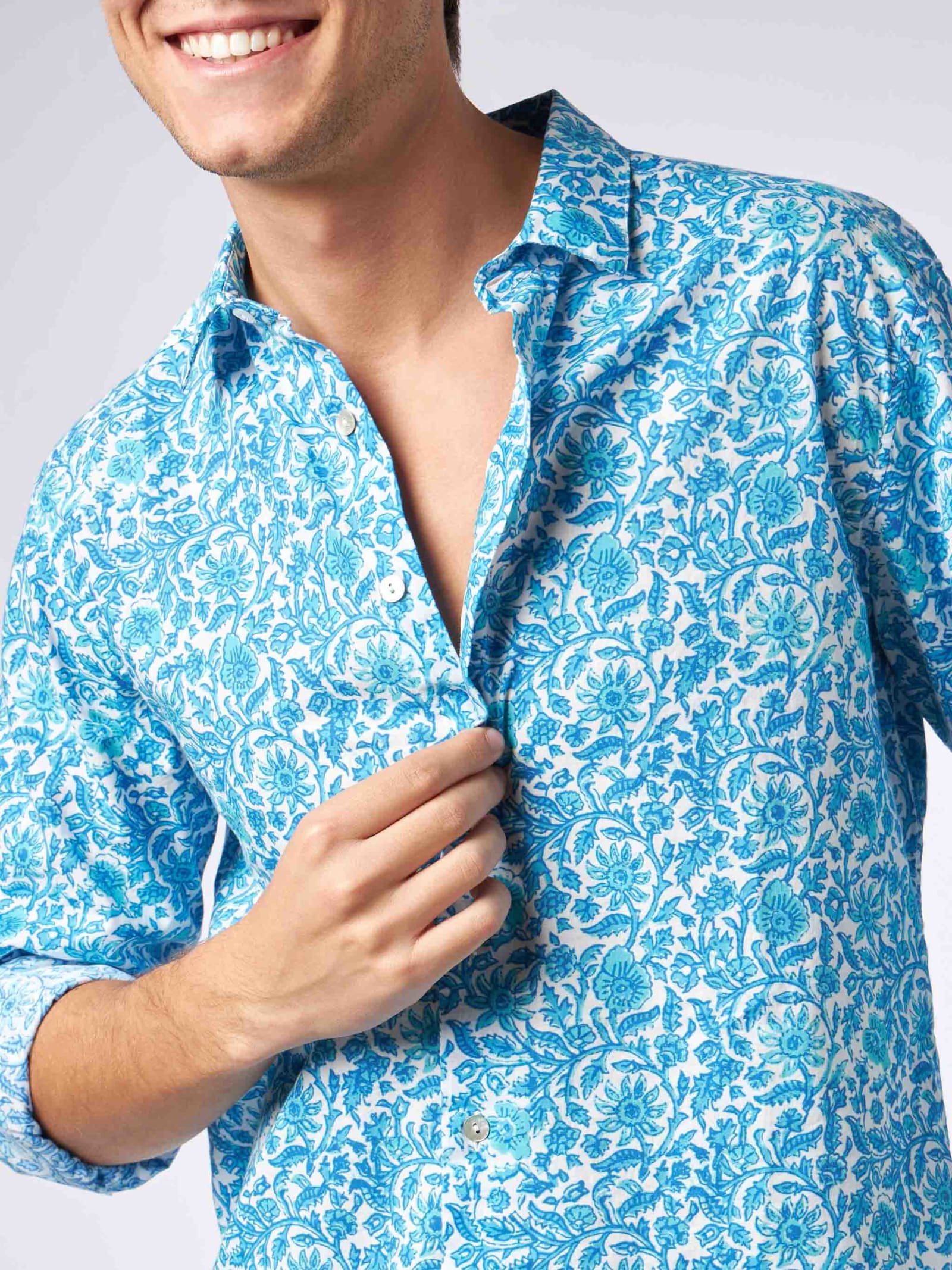 Mc2 Saint Barth Man Muslin Cotton Sikelia Shirt Flower Print In White