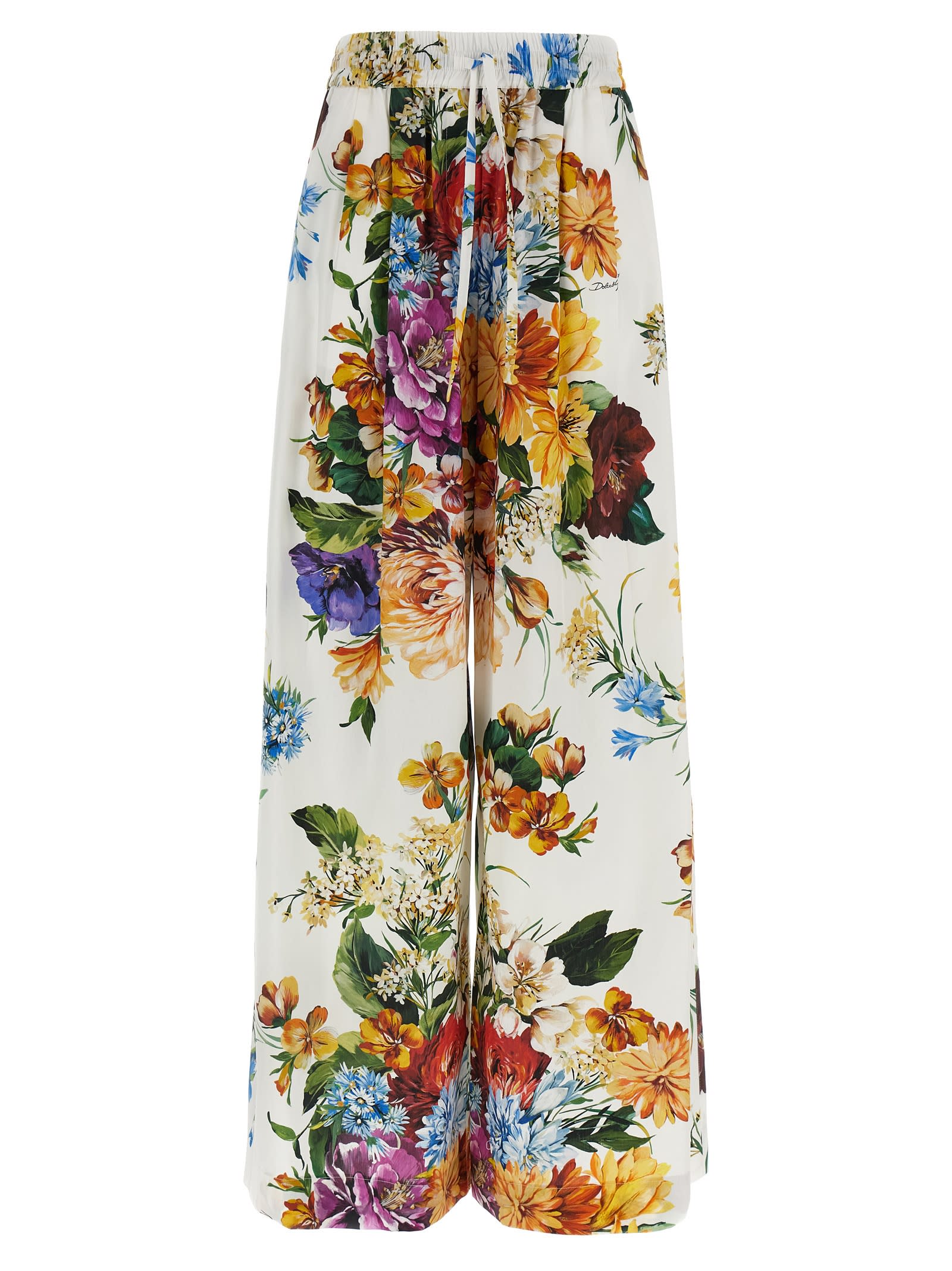 Dolce & Gabbana Flower Bouquet Print Poplin Trousers In White