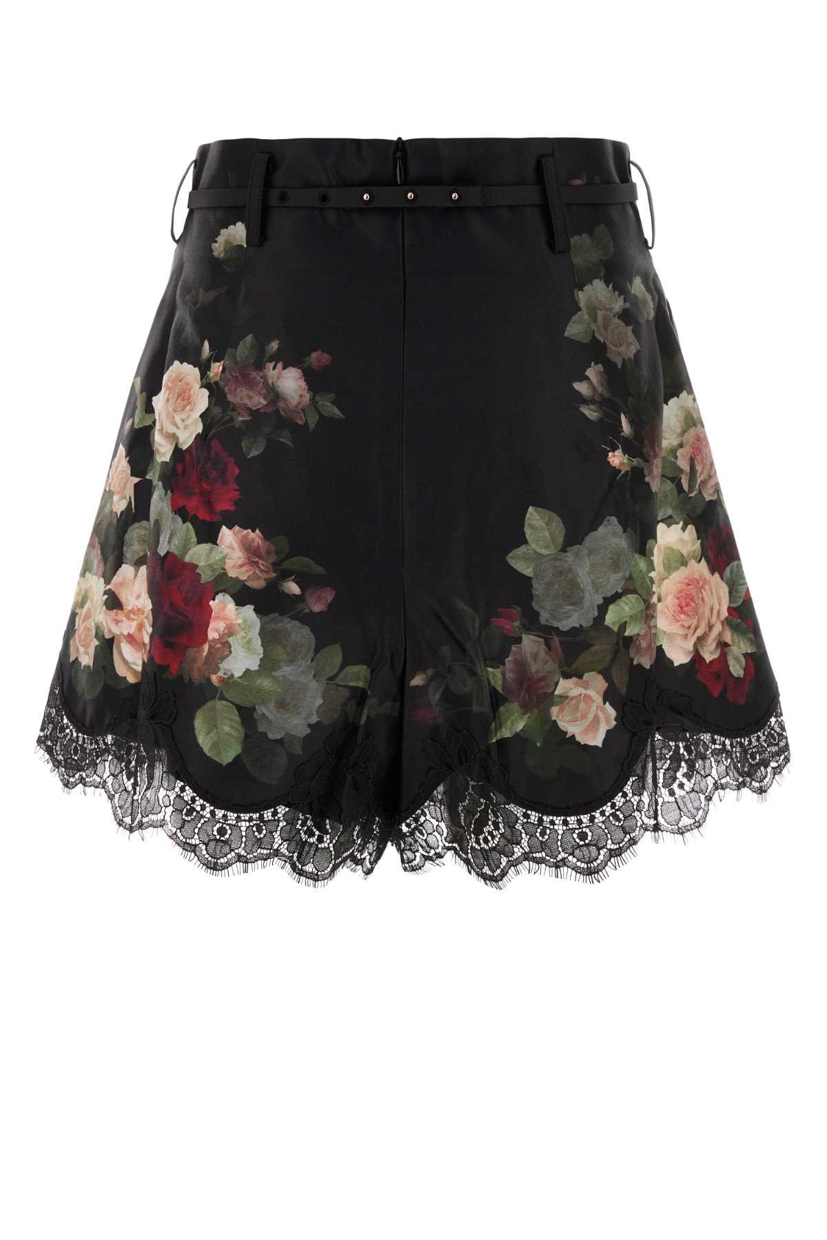 Zimmermann Belted Lace-trimmed Floral-print Silk And Cotton-blend Twill Shorts In Black