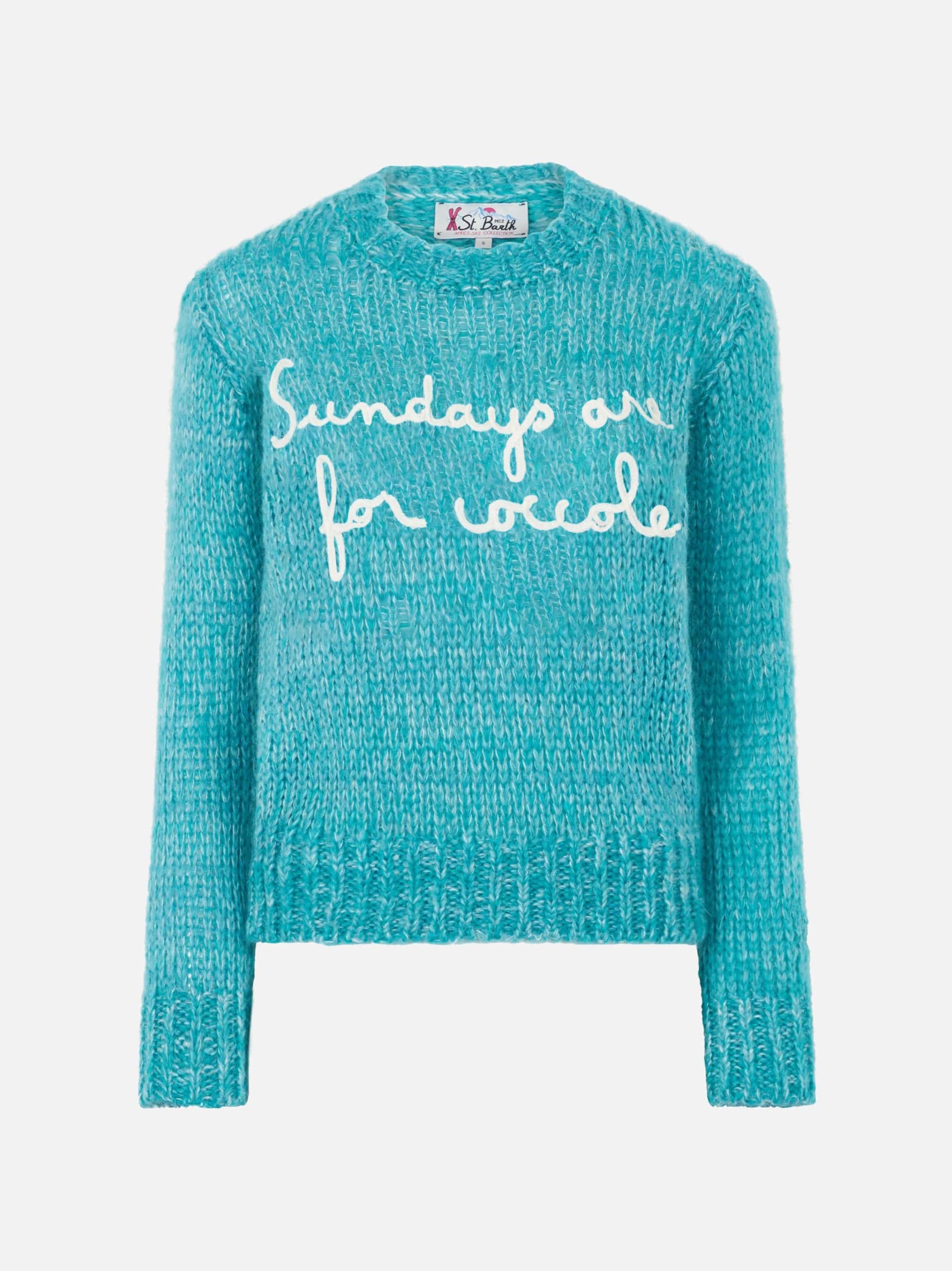 Shop Mc2 Saint Barth Woman Crewneck Soft Crop Sweater With Sundays Are For Coccole Embroidery In Sky