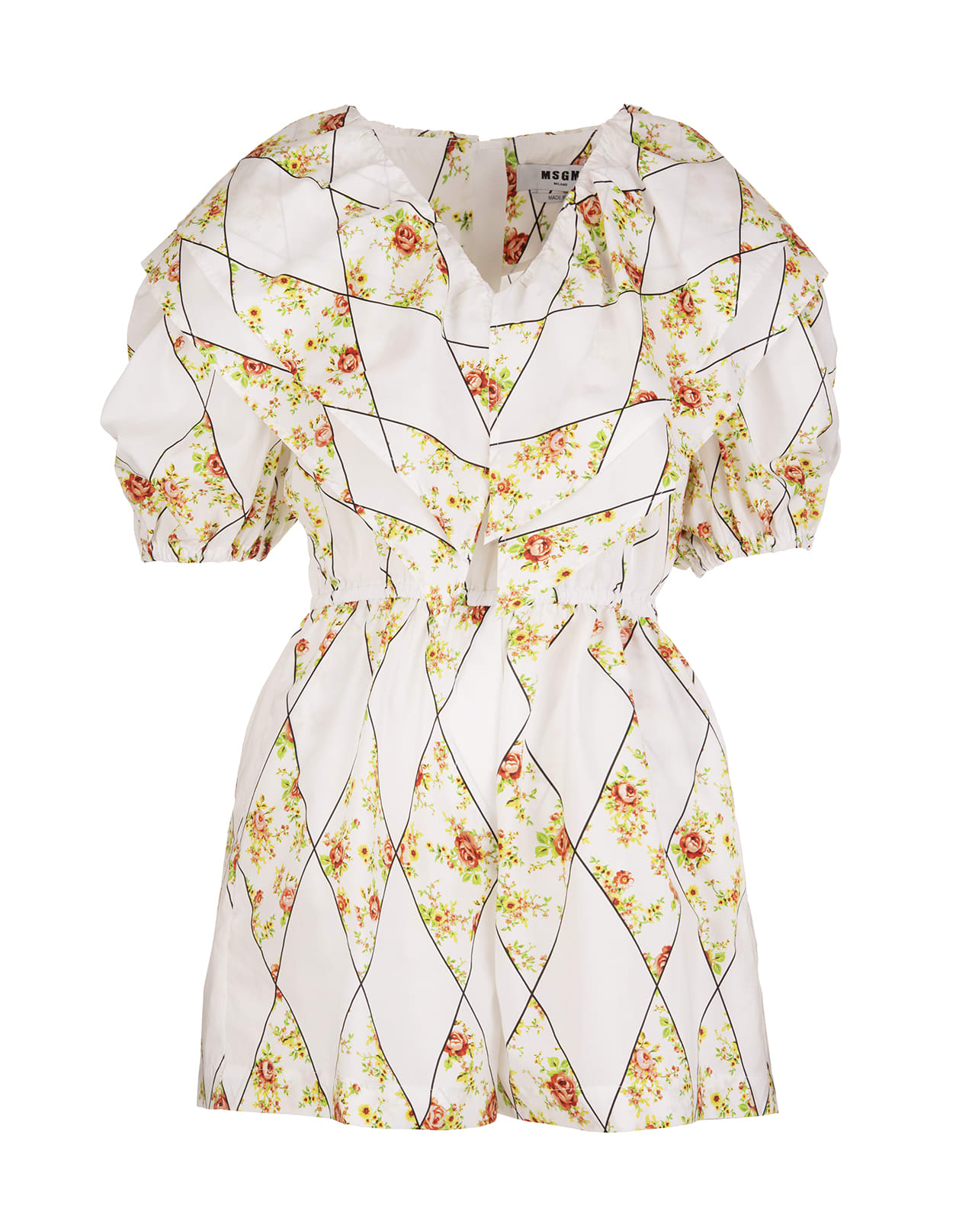 MSGM Woman Short White Jumpsuit With Stripes And Flowers Pattern