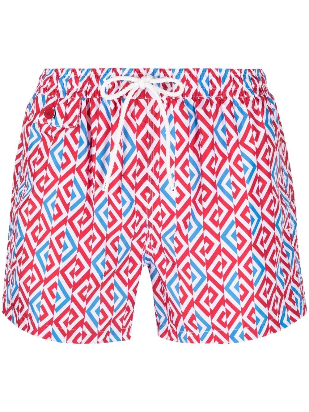 Kiton White Striped Swim Shorts With Blue And Red Geometric Print