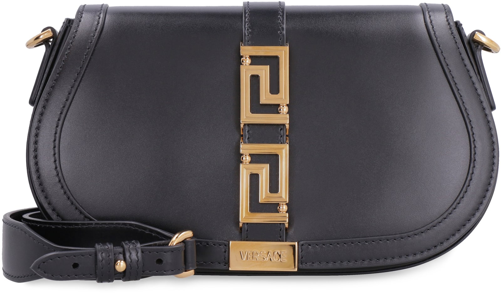 Shop Versace Greca Goddess Leather Crossbody Bag In Black