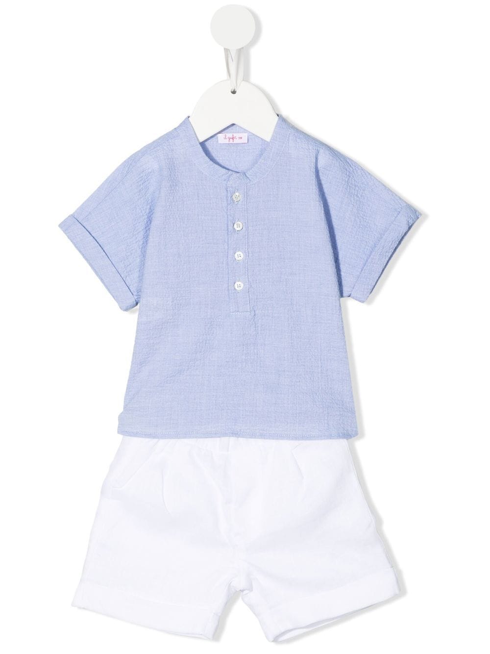 Il Gufo White And Light Blue Baby Suit In Embossed Cotton And Linen