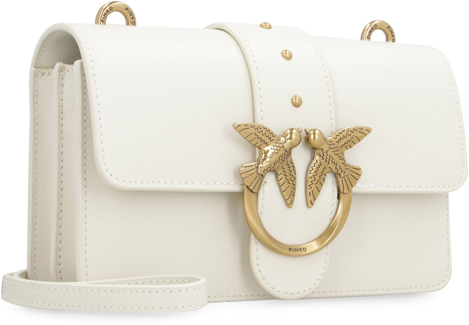 Shop Pinko Love One Leather Mini Crossbody Bag In Bianco Seta