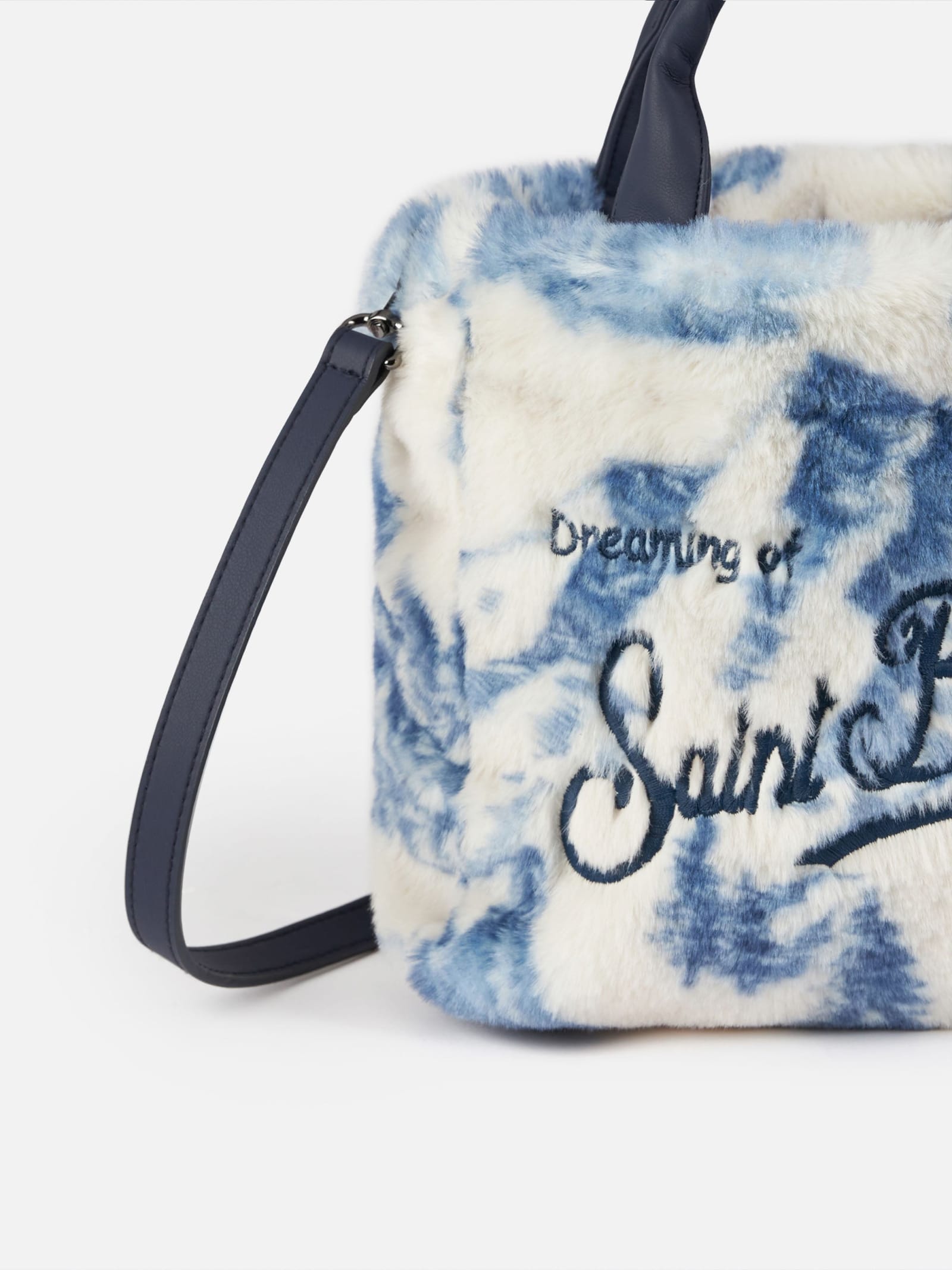 Mc2 Saint Barth Furry Soft Mini Vanity Bag With Toile De Jouy Print In White