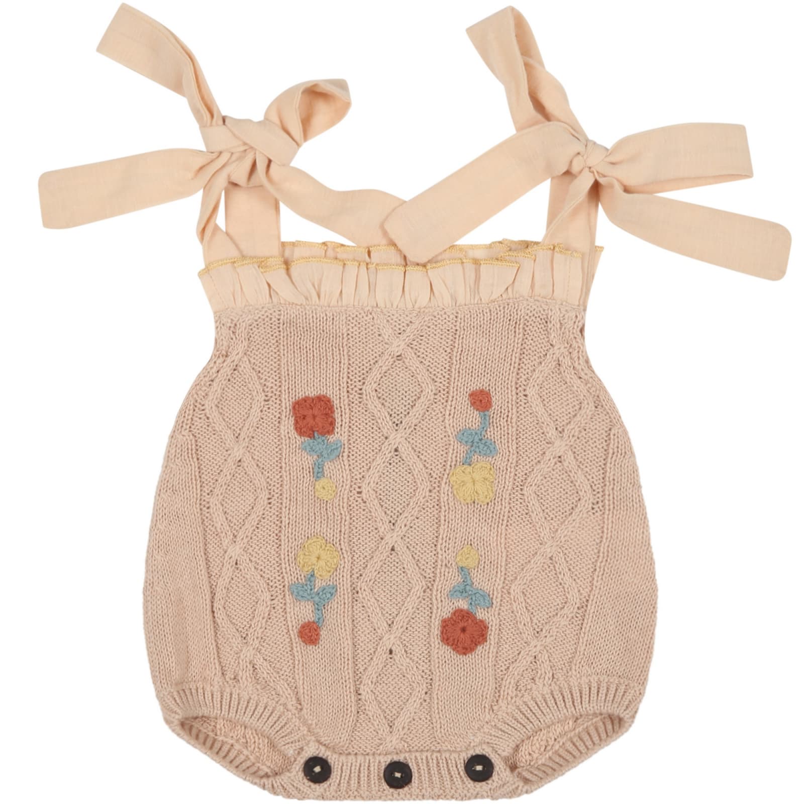 Coco Au Lait Beige Romper For Baby Girl With Embroidered Flowers