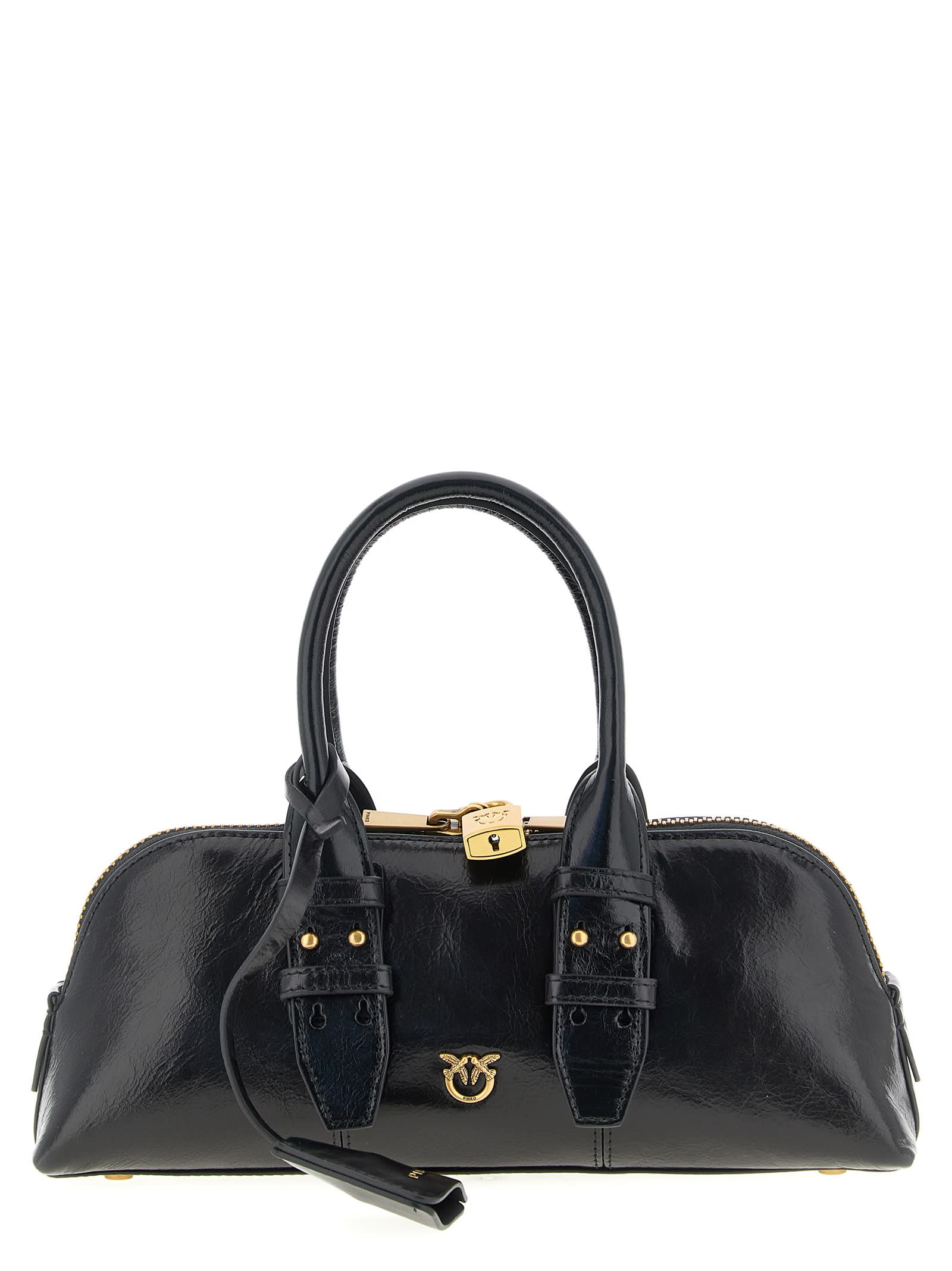 Pinko Escape Bag Baguette Small Handbag In Patent-effect Leather In Black