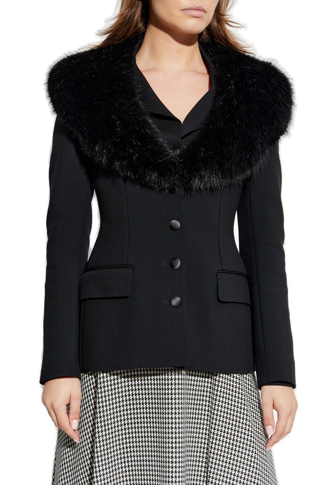 Dolce & Gabbana Tailored Blazer With Fur Collar And Pockets In Black