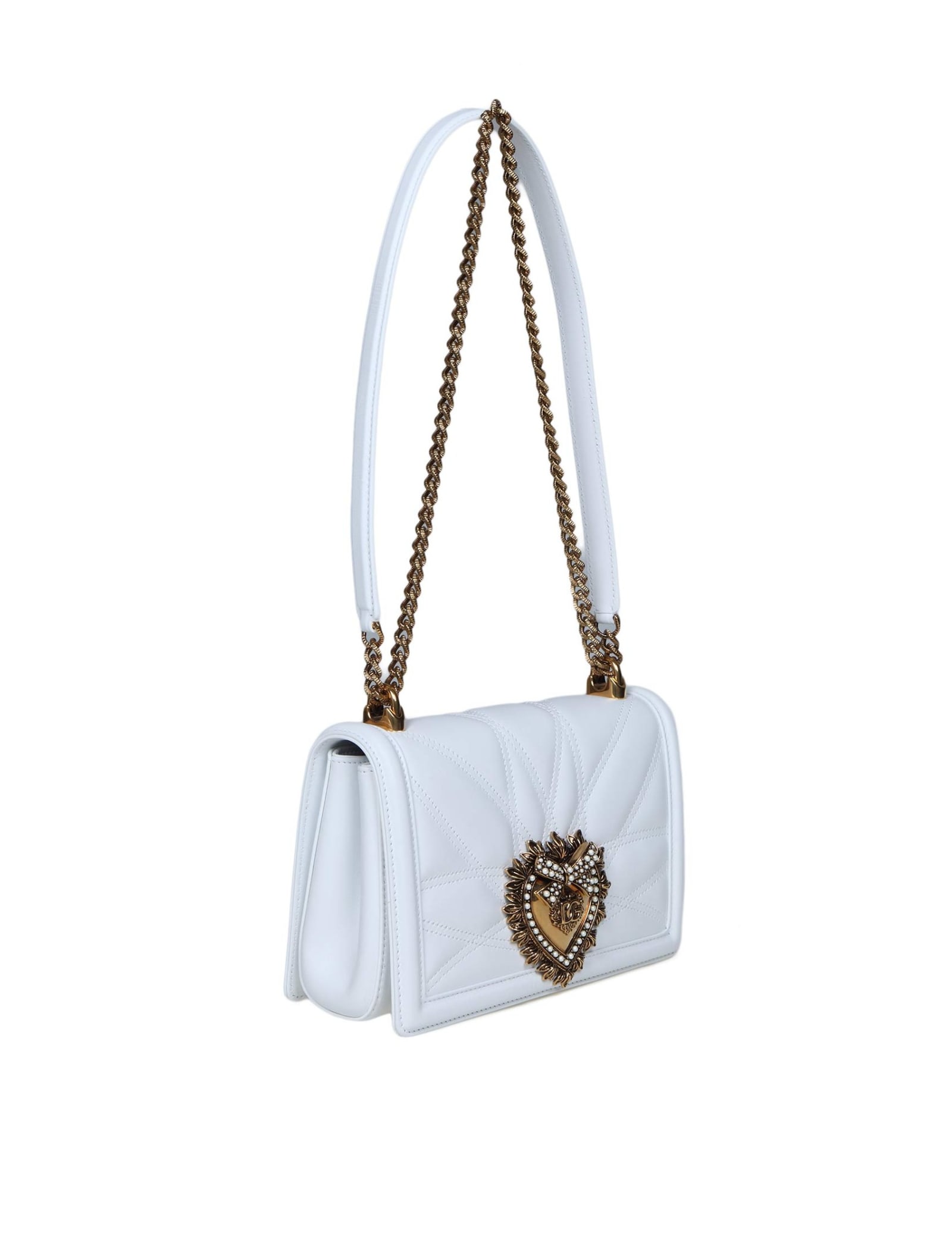 Shop Dolce & Gabbana Medium Devotion Bag In Matelassé Nappa Color White In Optical White