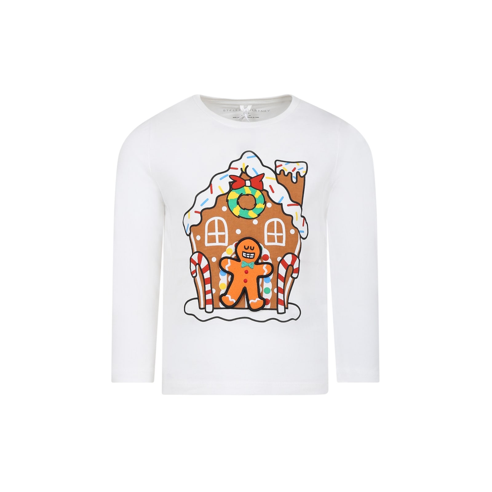 Stella Mccartney White T-shirt For Boy With Printed Gingerbread House In White