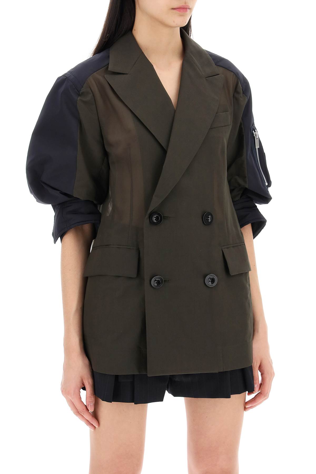 Shop Sacai Taffeta Jacket With Sleeves In Khaki Navy (green)