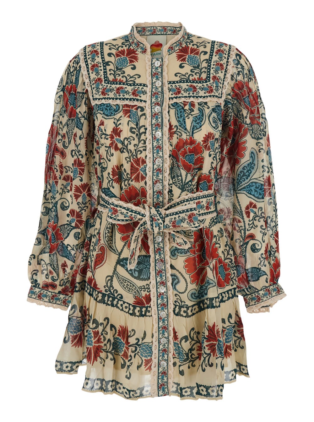 Farm Rio Francesca Sand Long Sleeve Mini Dress In Multi