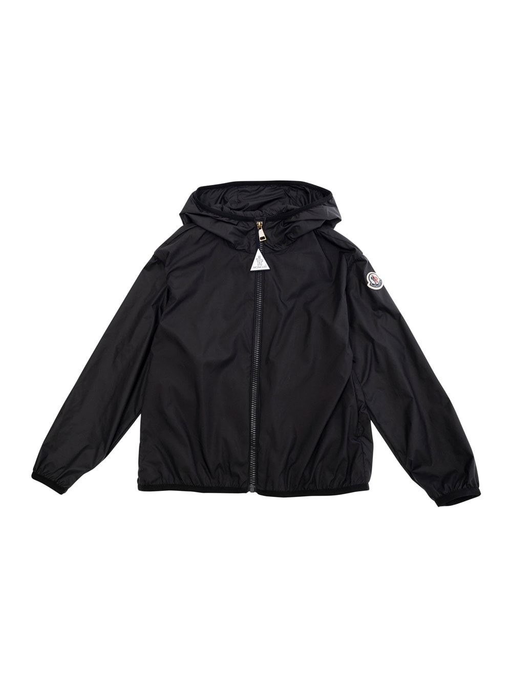 Moncler Fegeo Black Jacket With Fixed Hood And Logo Patch On The Sleeve In Tech Fabric Girl In Gold