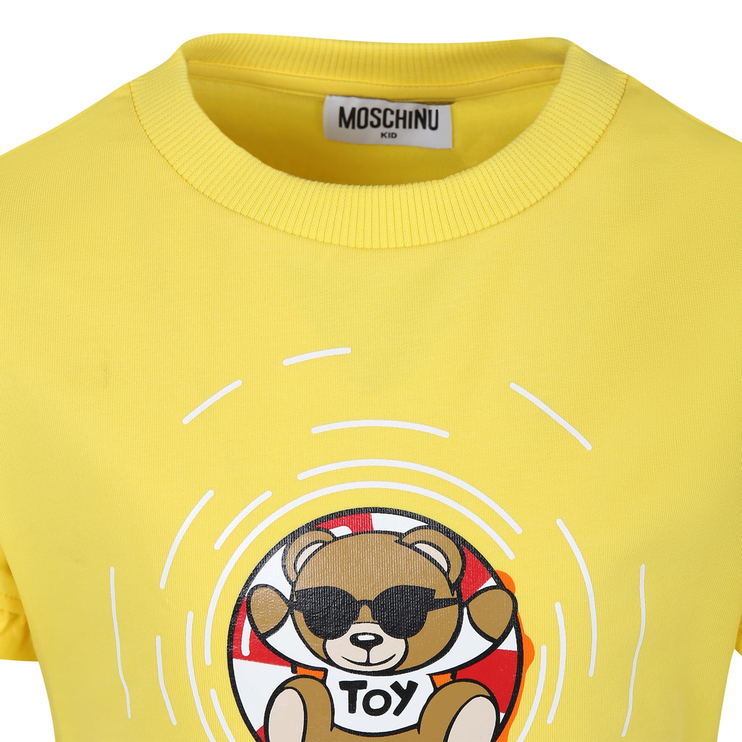 Shop Moschino Yellow Dress For Girl With Multicolor Print And Teddy Bear